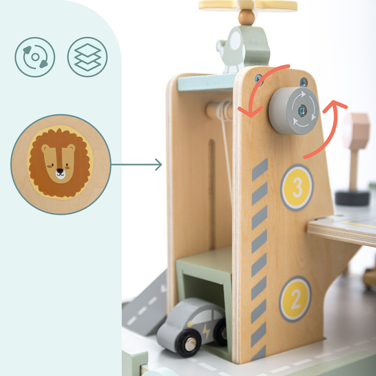 Ξύλινο, τριώροφο γκαράζ για παιδιά με αξεσουάρ – χώρος στάθμευσης, βενζινάδικο, πλυντήριο αυτοκινήτων, ελικόπτερο