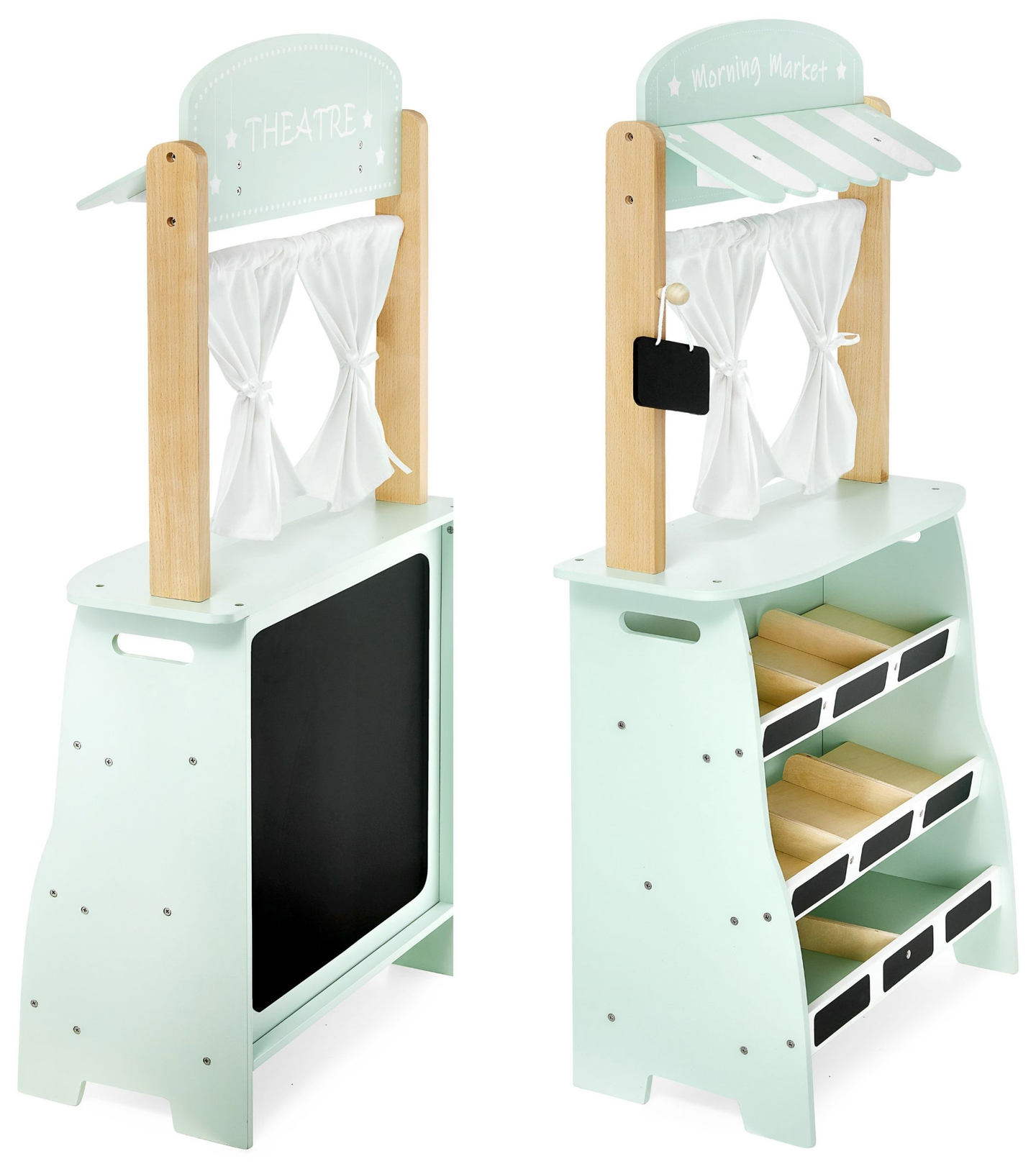 Μεγάλο ξύλινο κατάστημα - πάγκος και θέατρο 2 σε 1 με ζυγαριά, τερματικό πληρωμής, φρούτα και λαχανικά