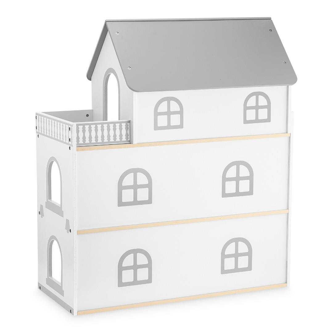 Λευκό ξύλινο κουκλόσπιτο με βεράντα και αξεσουάρ