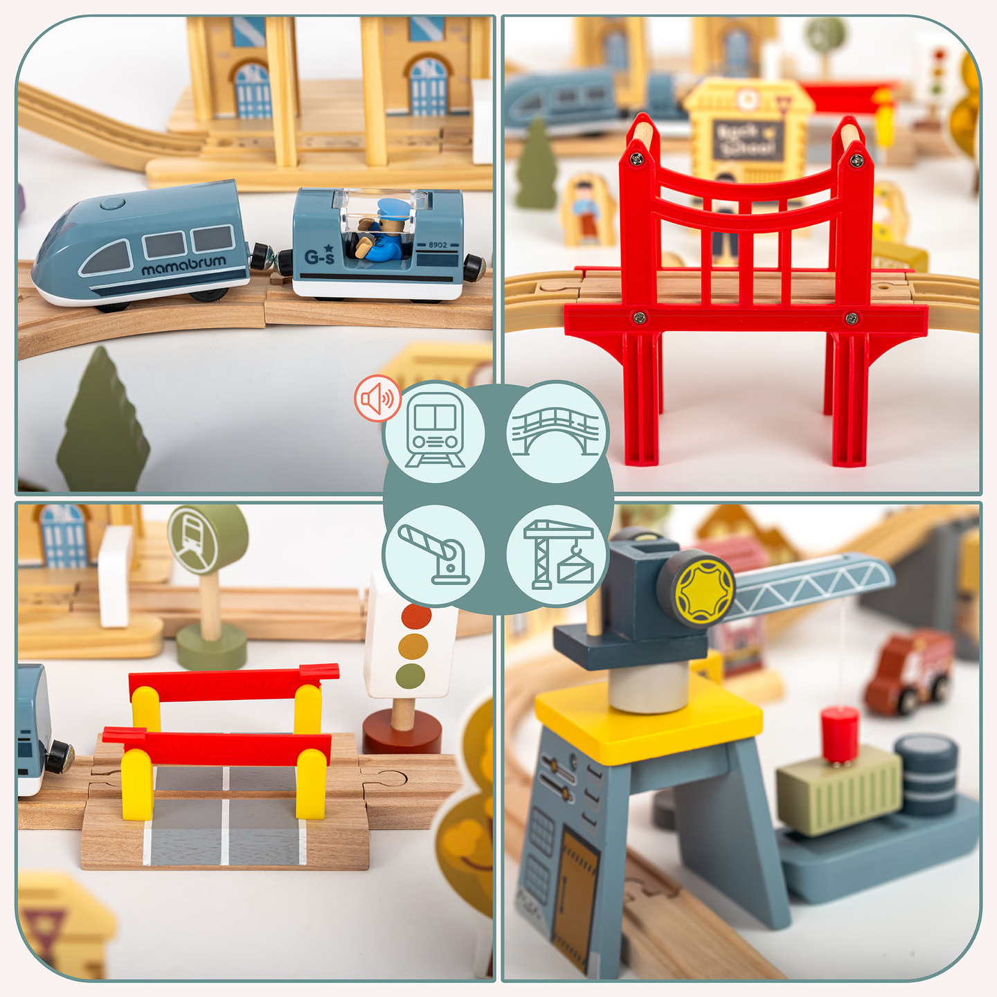 Ξύλινος σιδηρόδρομος πόλης με ηλεκτρικό τρένο - κινούμενος γερανός, πλοίο, γέφυρες