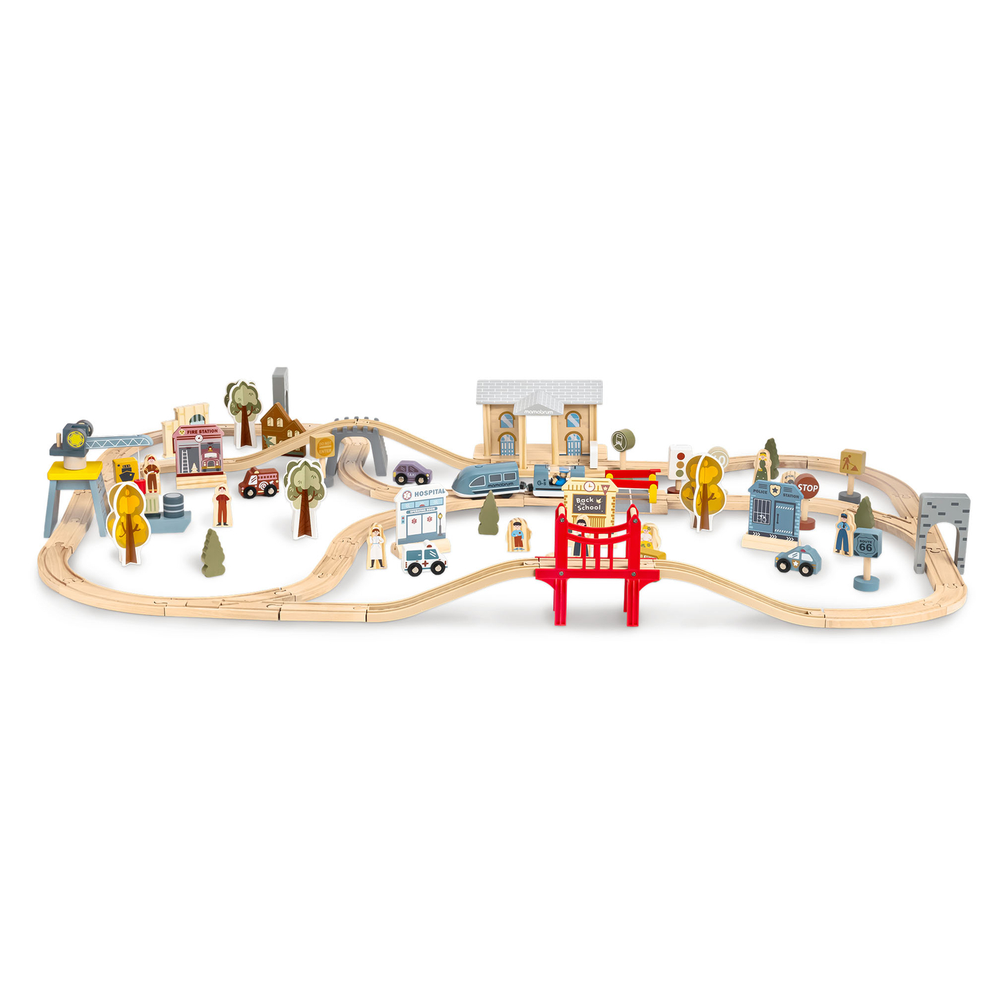 Ξύλινος σιδηρόδρομος πόλης με ηλεκτρικό τρένο - κινούμενος γερανός, πλοίο, γέφυρες