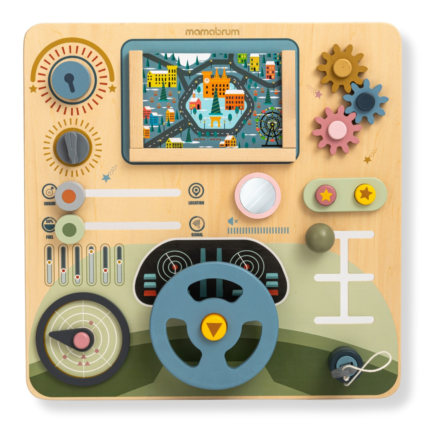 Ξύλινη σανίδα Montessori 2 σε 1 πιλοτήριο για τον μικρό οδηγό και πιλότο – τιμόνι, λεβιές ταχυτήτων, χάρτες ταξιδιού, ραντάρ