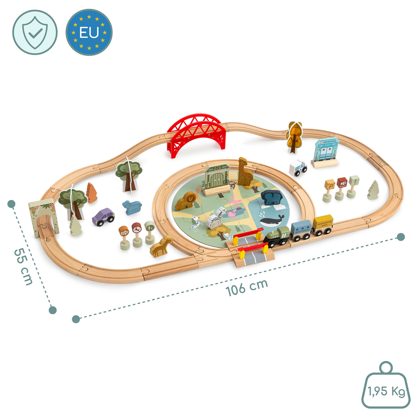 Ξύλινο τρενάκι ZOO – παζλ, τρένο, ράγες, ζώα, γέφυρα, φράγμα