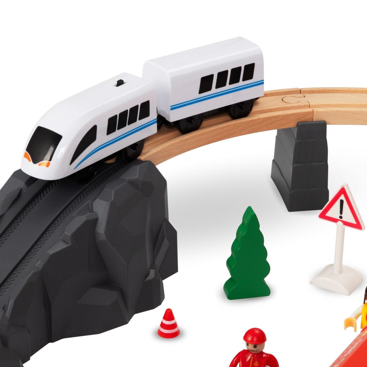 Ξύλινο τρένο, τρένο με μπαταρία - Πυροσβεστική Υπηρεσία, ράγες, αυτοκίνητα, γέφυρες, φράγμα