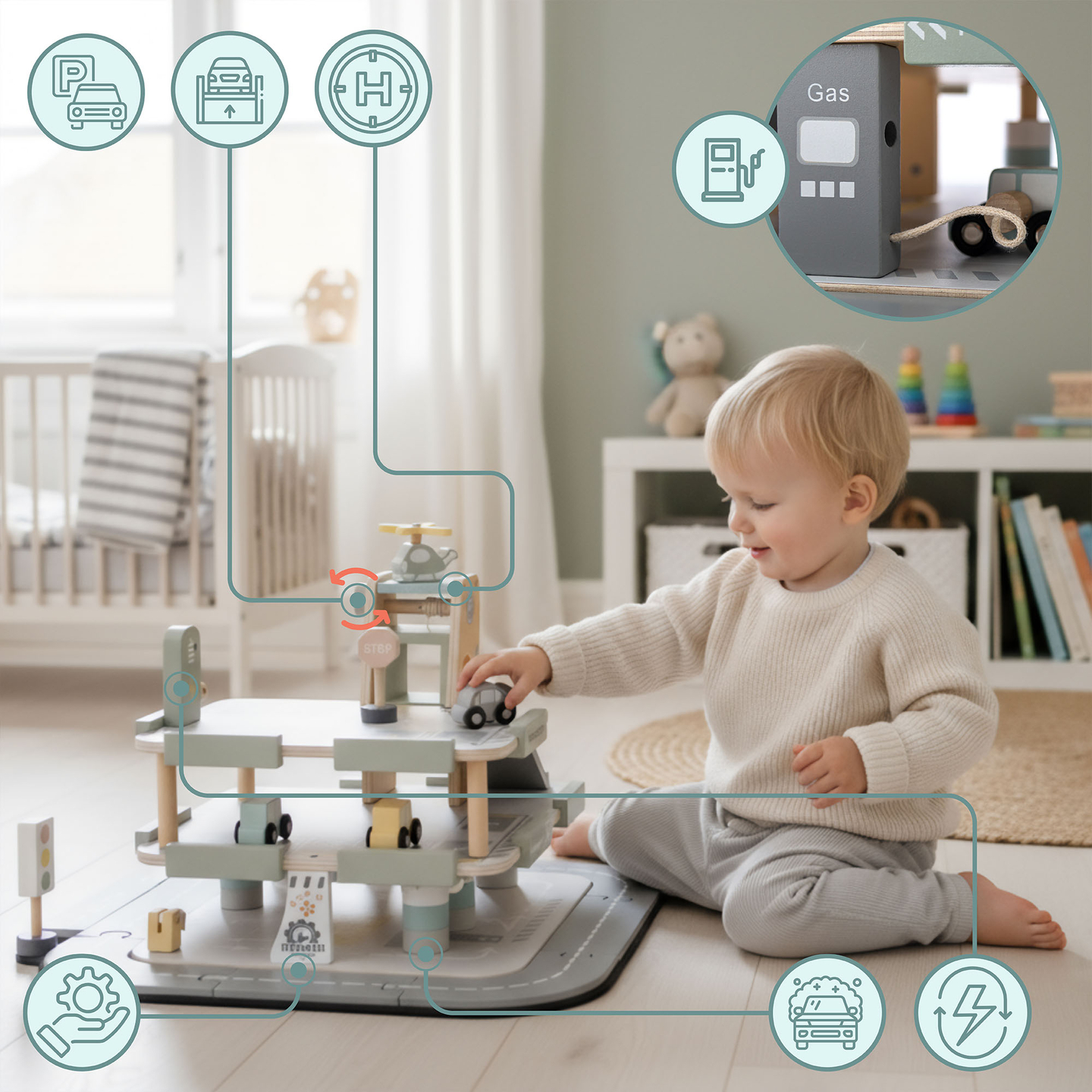 Ξύλινο, τριώροφο γκαράζ για παιδιά με αξεσουάρ – χώρος στάθμευσης, βενζινάδικο, πλυντήριο αυτοκινήτων, ελικόπτερο