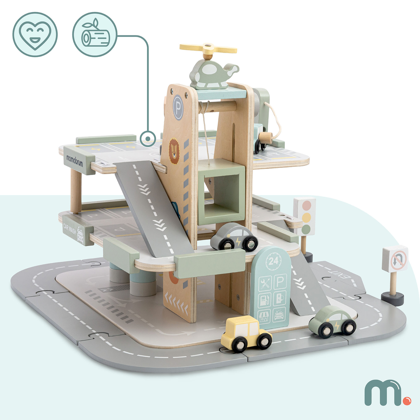 Ξύλινο, τριώροφο γκαράζ για παιδιά με αξεσουάρ – χώρος στάθμευσης, βενζινάδικο, πλυντήριο αυτοκινήτων, ελικόπτερο