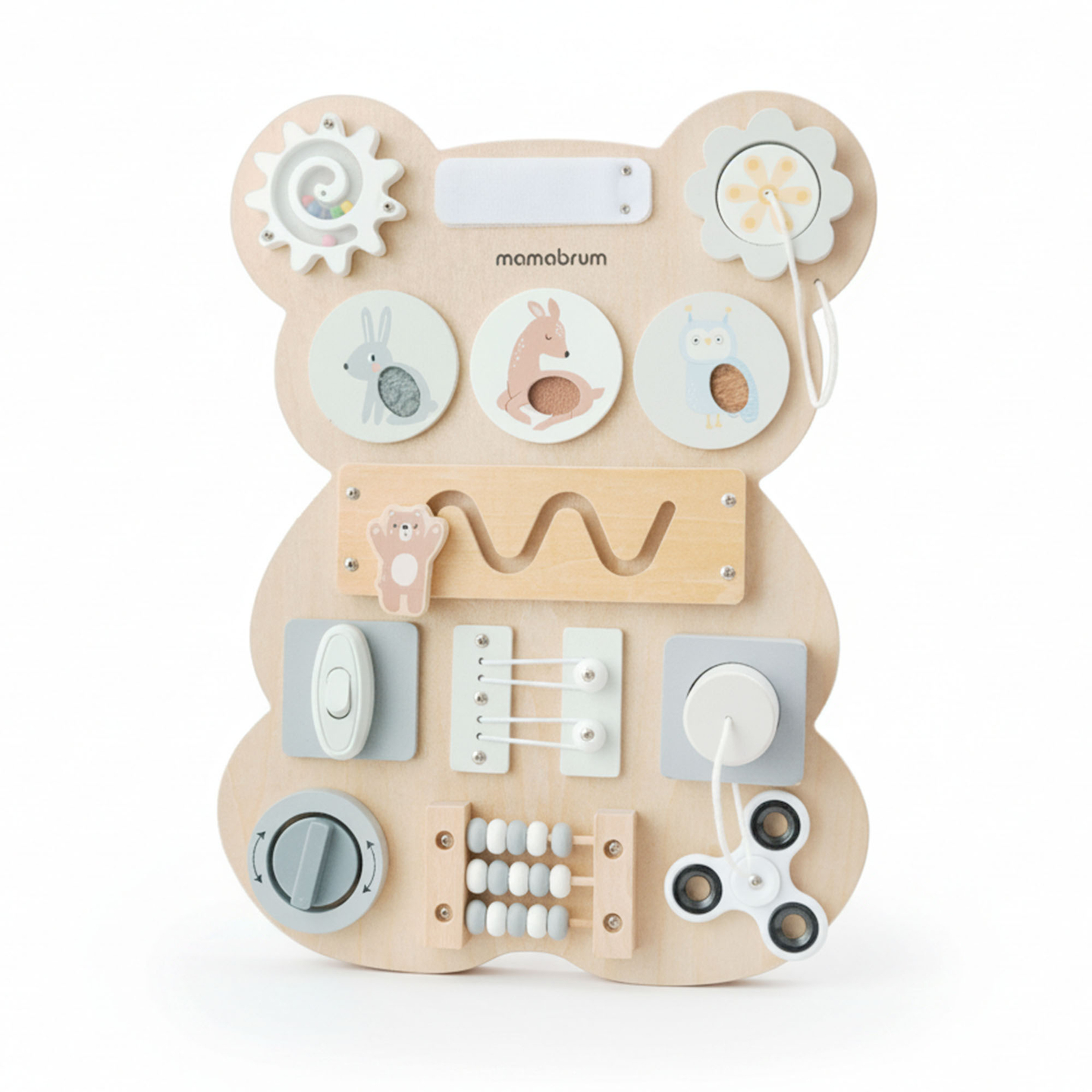 Ξύλινη σανίδα χειρισμού Montessori με αρκουδάκι - αισθητηριακή μάθηση ανεξαρτησίας: Velcro, βύσμα, λαβύρινθος, κουμπί κλικ