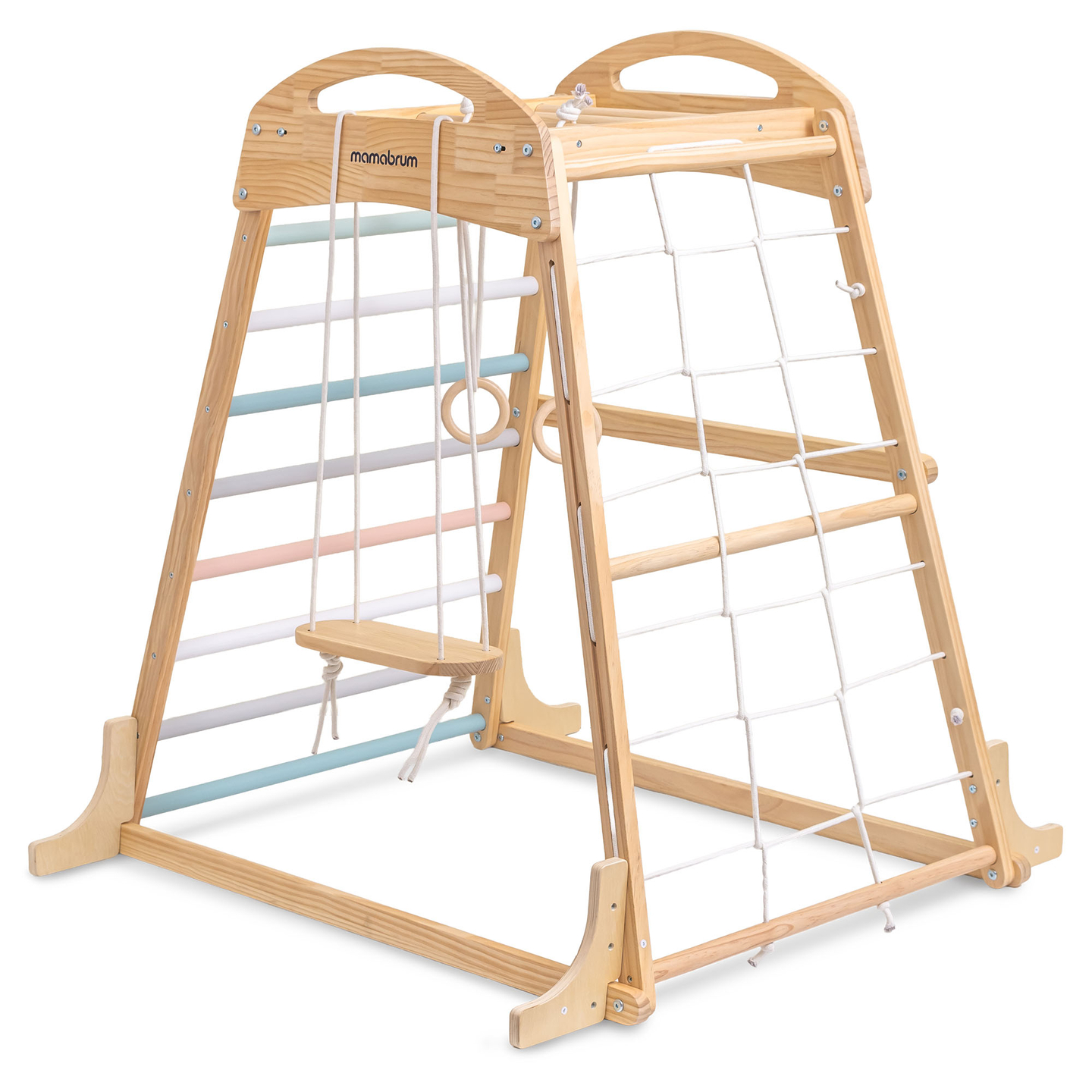 Ξύλινη εσωτερική παιδική χαρά με κούνια, γυμναστικούς κρίκους και δίχτυ αναρρίχησης