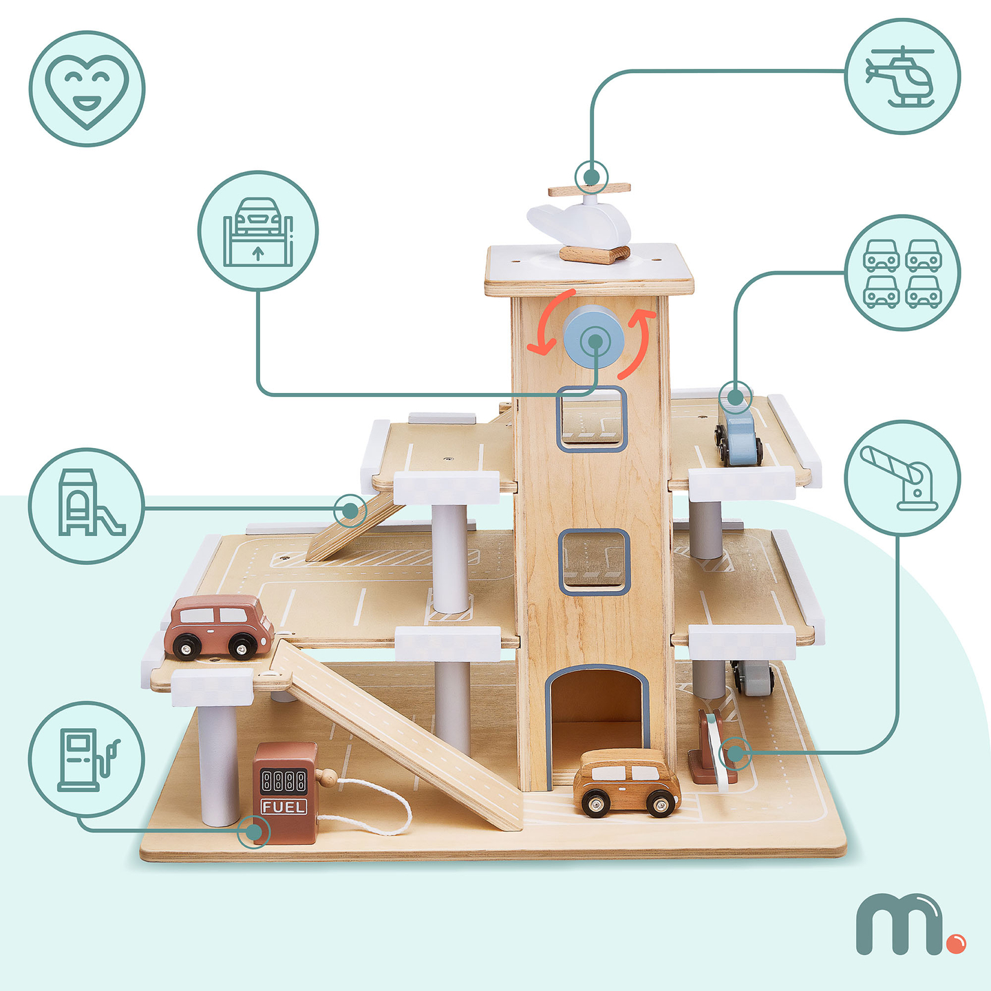 Ξύλινος τριώροφος χώρος στάθμευσης με ανελκυστήρα - γκαράζ με αυτοκίνητα και ελικόπτερο