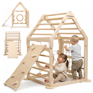 Ξύλινη εσωτερική παιδική χαρά για παιδιά - ένα σπίτι με σκάλες και μια τσουλήθρα