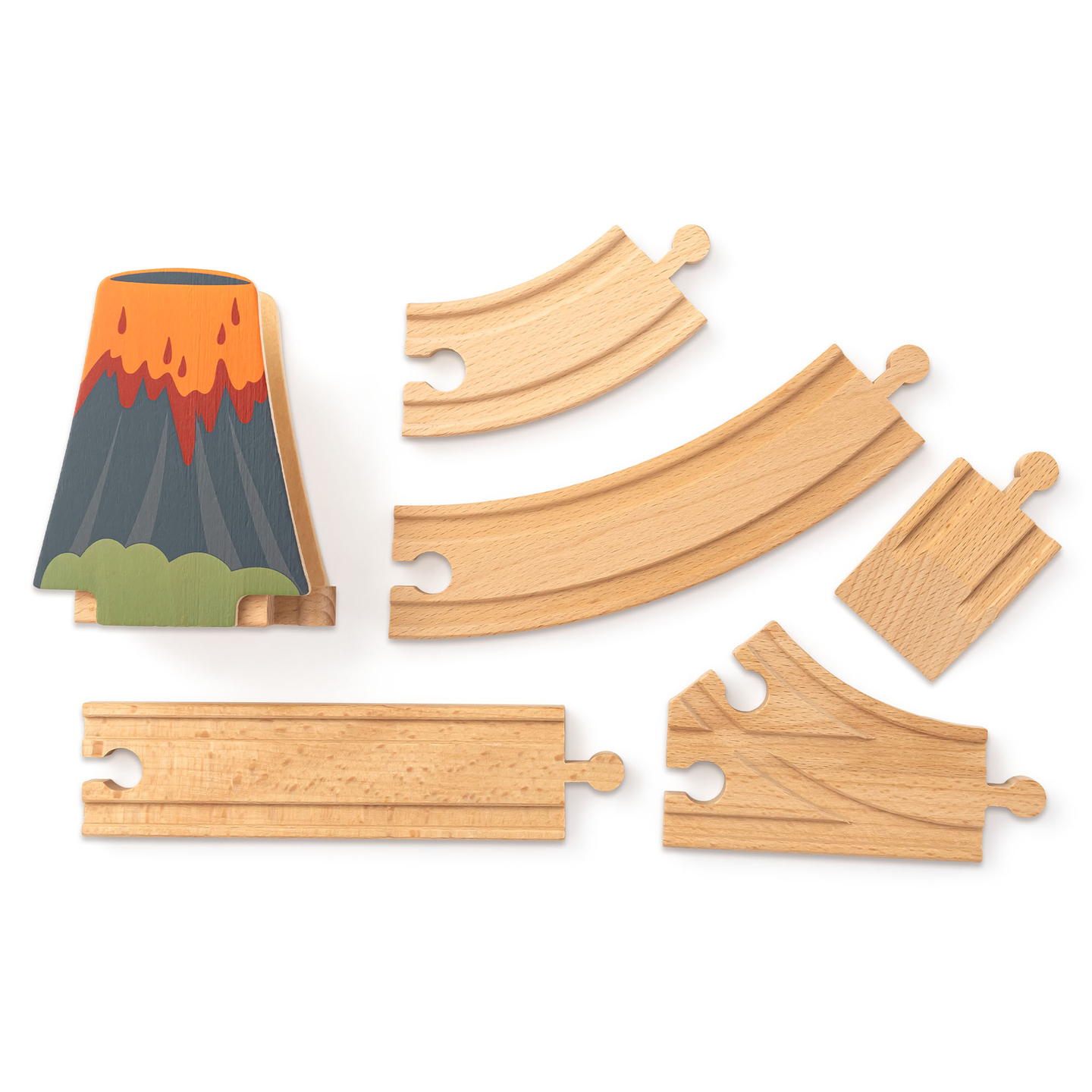 Ξύλινο τρενάκι Dino Park με αντιολισθητικό χαλάκι - δεινόσαυροι, τρένο, γραμμές, ηφαίστειο, κουδούνι