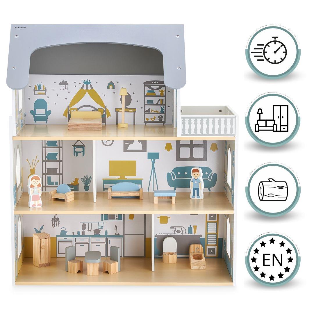 Λευκό ξύλινο κουκλόσπιτο με βεράντα και αξεσουάρ