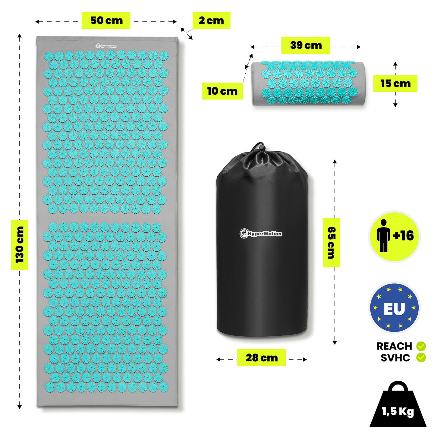 Μεγάλο στρώμα πιεσοθεραπείας με μαξιλάρι και κάλυμμα - 130 cm HyperMotion γκρι-μέντα