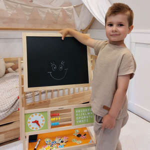 Μεγάλος εκπαιδευτικός πίνακας δύο όψεων: μαγνητικός και μαυροπίνακας - πίνακας ξηρής διαγραφής, ξύλινος