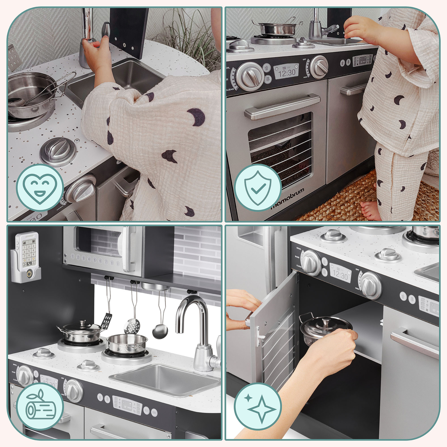 Ξύλινη κουζίνα XXL με φωτισμό LED, ποδιά και αξεσουάρ