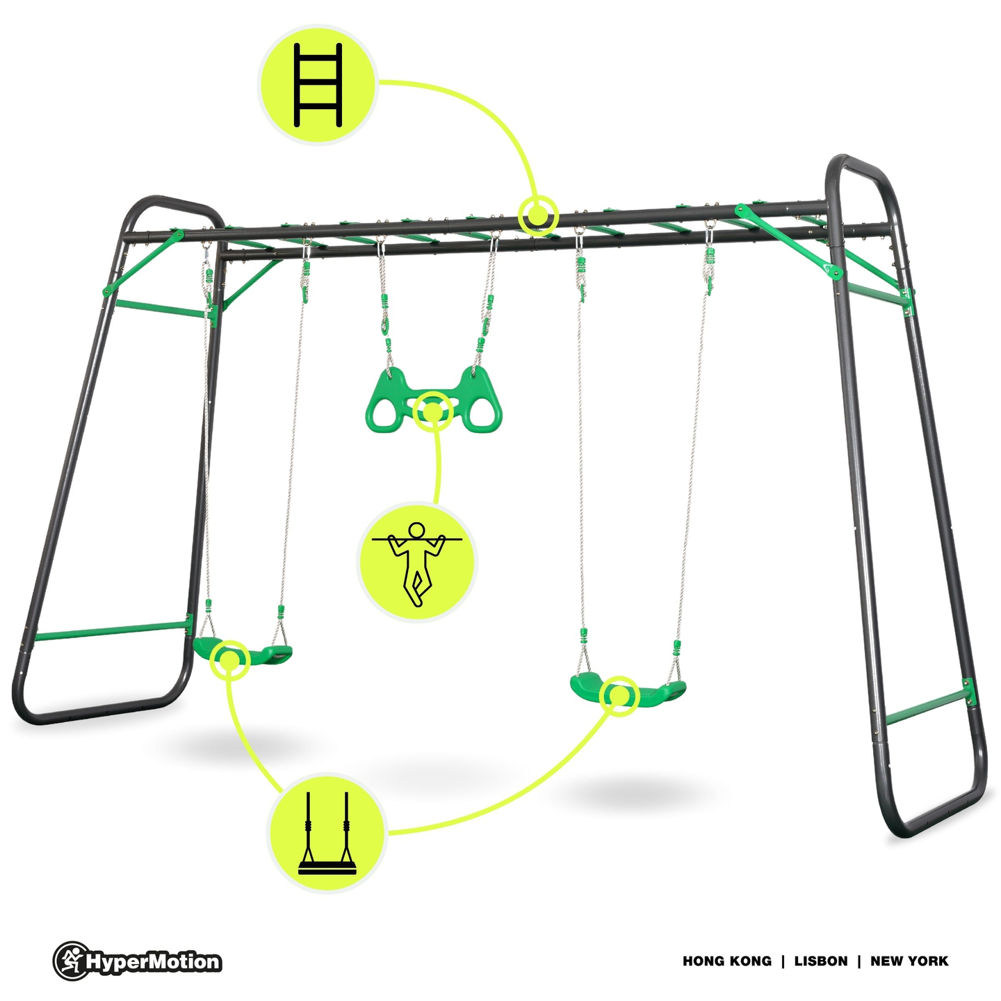 Χαλύβδινη κούνια κήπου XXL - 2 καθίσματα, σκάλα, τραπέζιο γυμναστικής