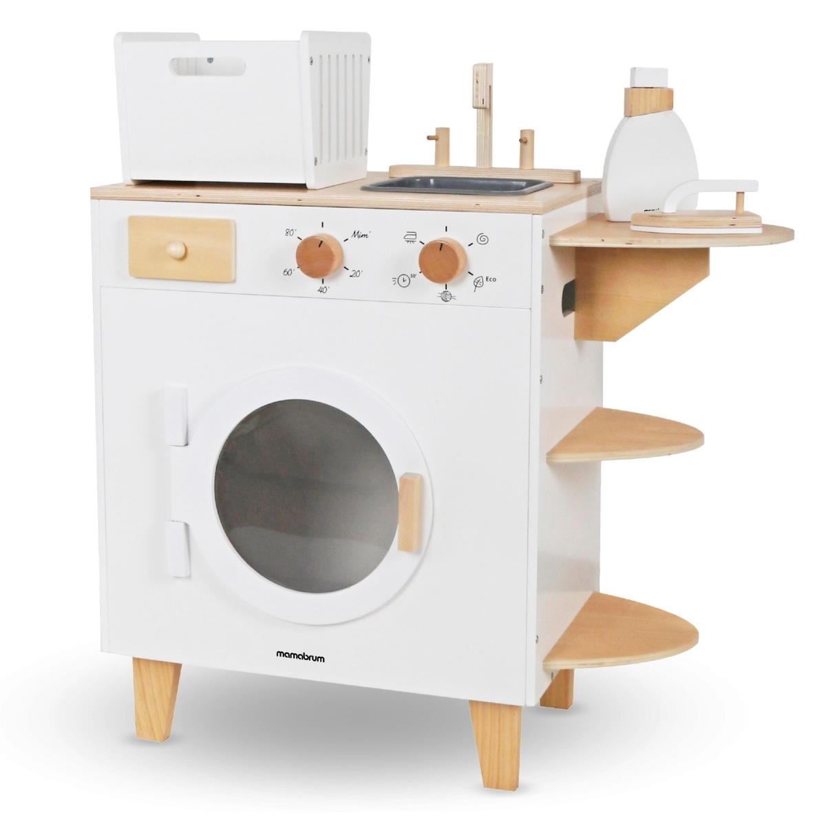 Ξύλινο πλυντήριο ρούχων με σίδερο, καλάθι και υγρό πλύσης