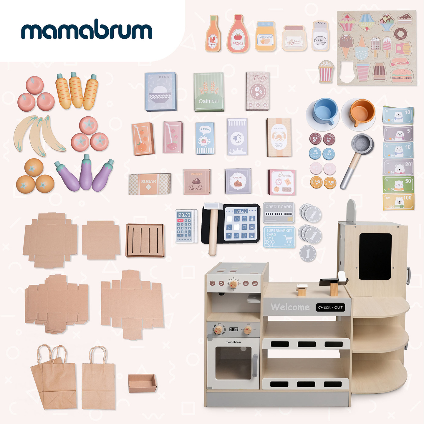 Μεγάλο ξύλινο κατάστημα XXXL για παιδιά με fast food bar - Γωνιακό κατάστημα + Καφετιέρα + Φούρνος + Ψυγείο - 106 ac.