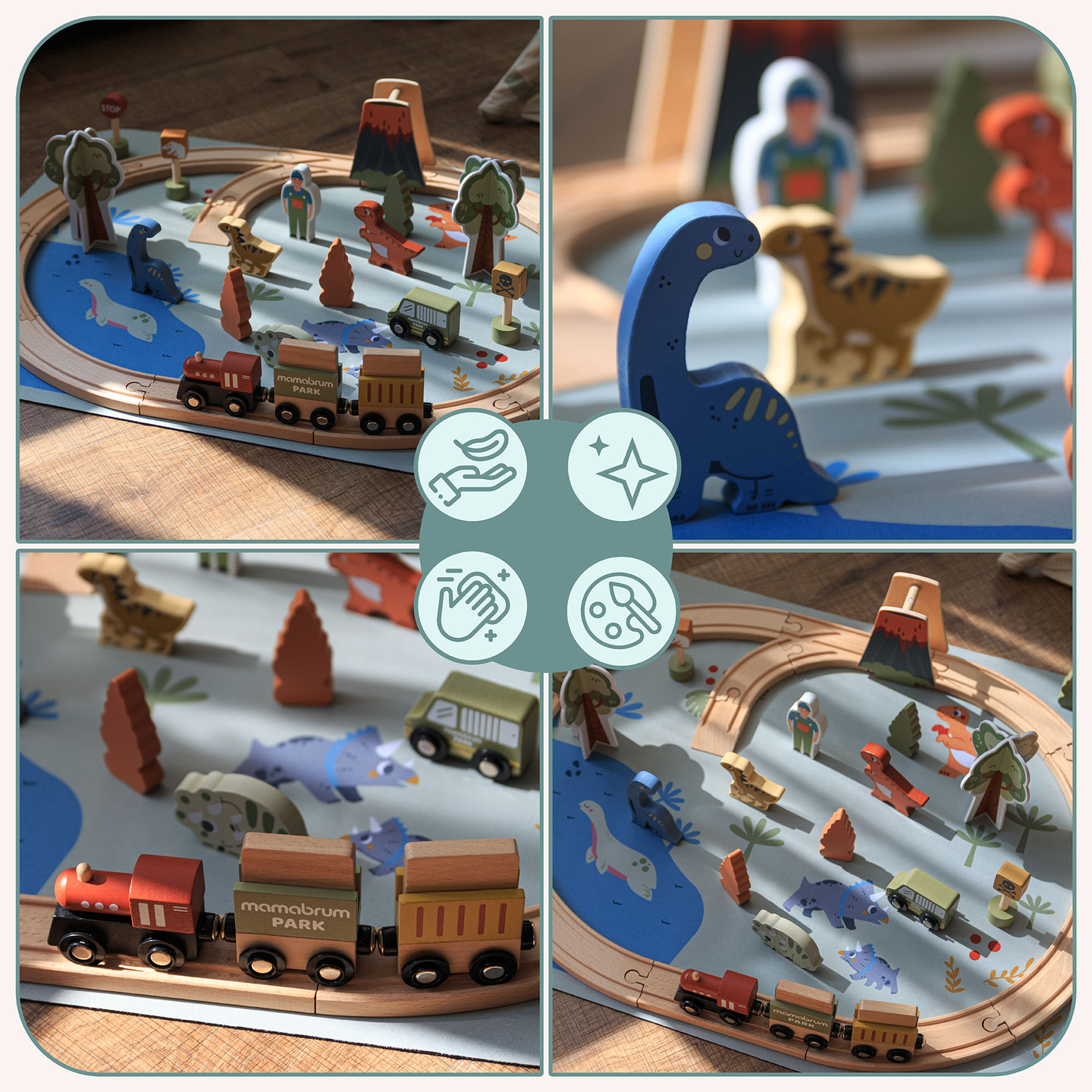 Ξύλινο τρενάκι Dino Park με αντιολισθητικό χαλάκι - δεινόσαυροι, τρένο, γραμμές, ηφαίστειο, κουδούνι