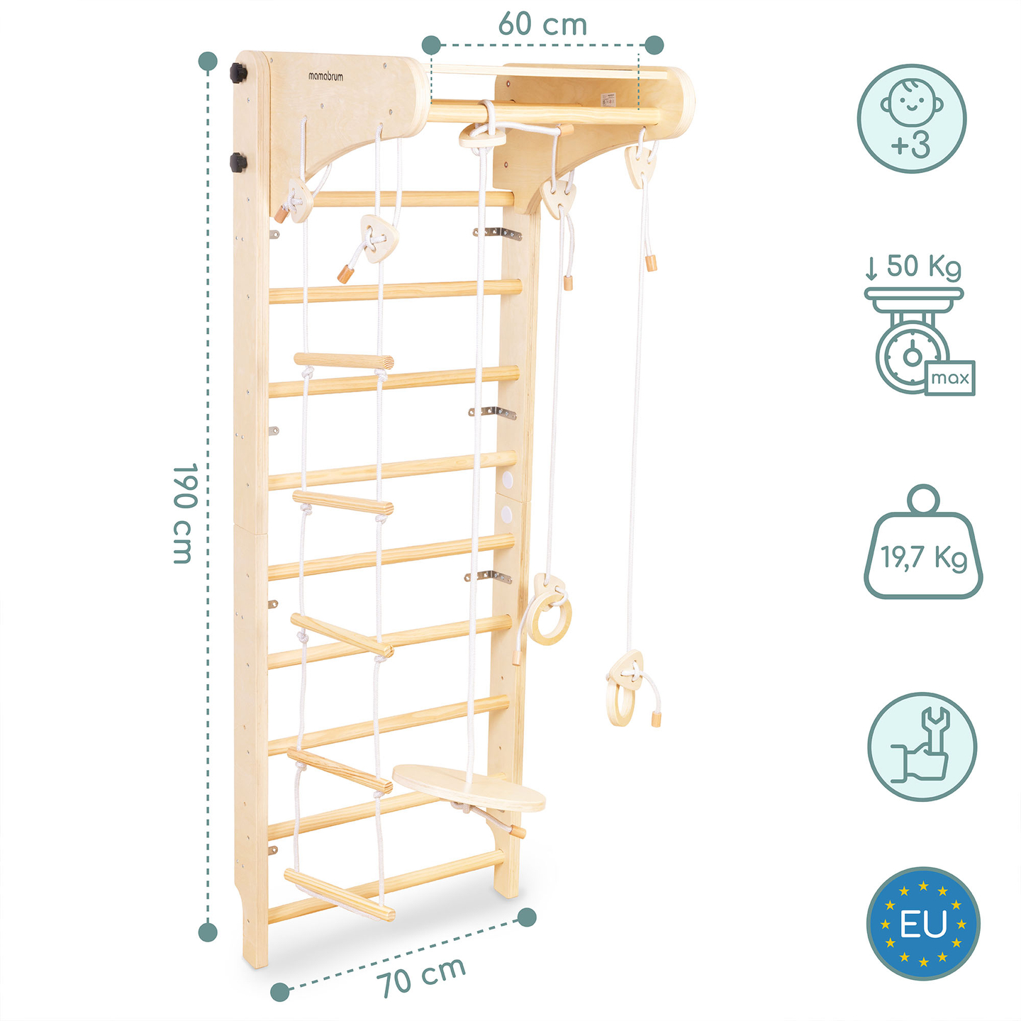 Ξύλινη γυμναστική σκάλα για παιδιά με αξεσουάρ - κούνια πιάτου, γυμναστικοί κρίκοι και σκάλα από σχοινί