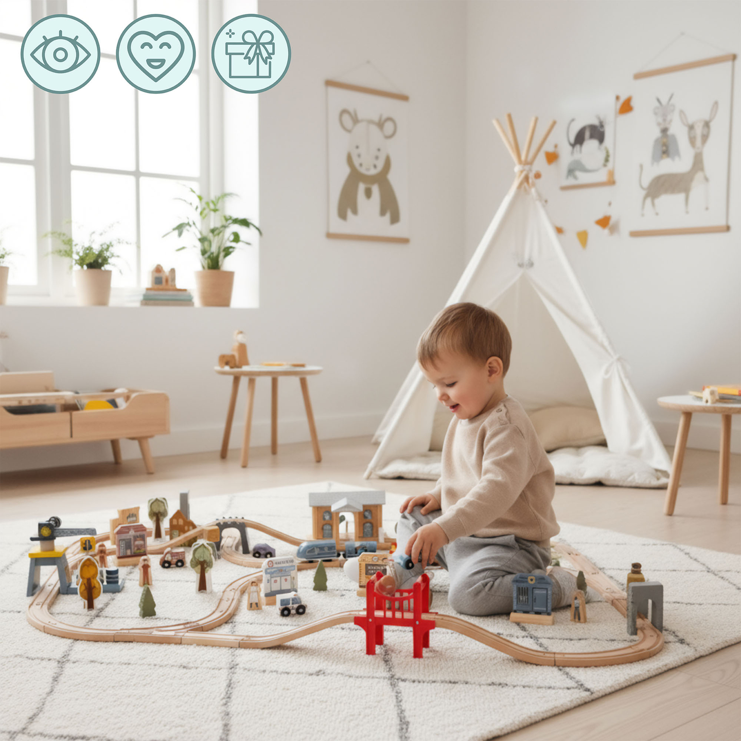 Ξύλινος σιδηρόδρομος πόλης με ηλεκτρικό τρένο - κινούμενος γερανός, πλοίο, γέφυρες