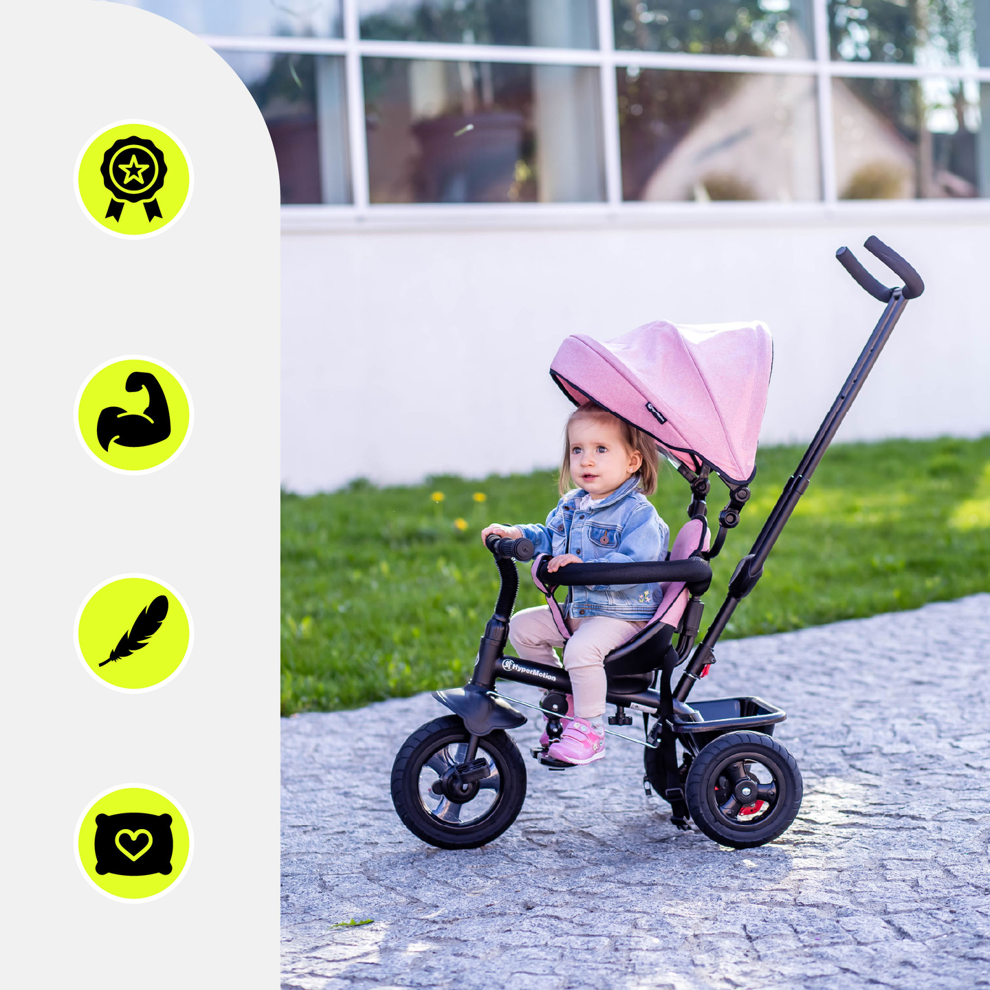 Τρίκυκλο για παιδιά 1-4 ετών - TOBI FREY - ροζ χρώμα - περιστρεφόμενο - τροχοί με αντλία + ωθητήρας