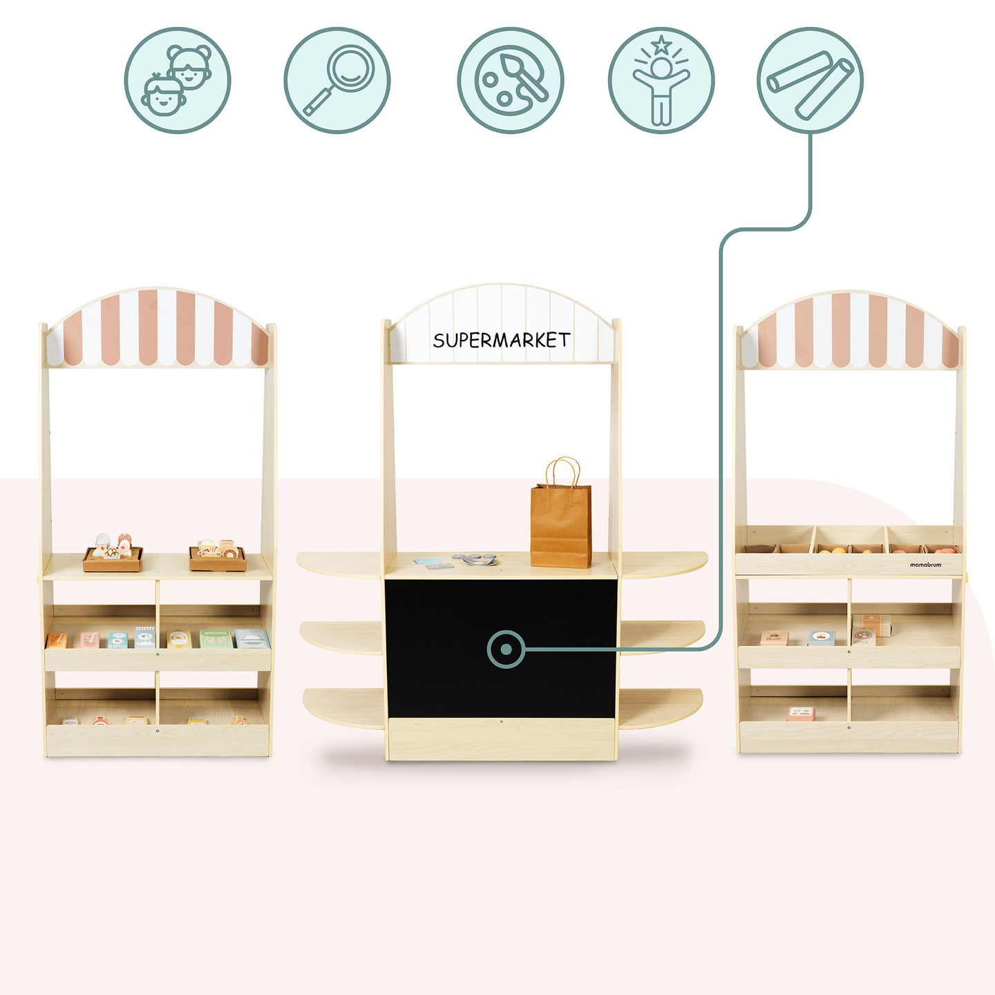 Μεγάλο ξύλινο παιδικό κατάστημα με μαυροπίνακα - 91 κομμάτια για διασκέδαση στα ψώνια!