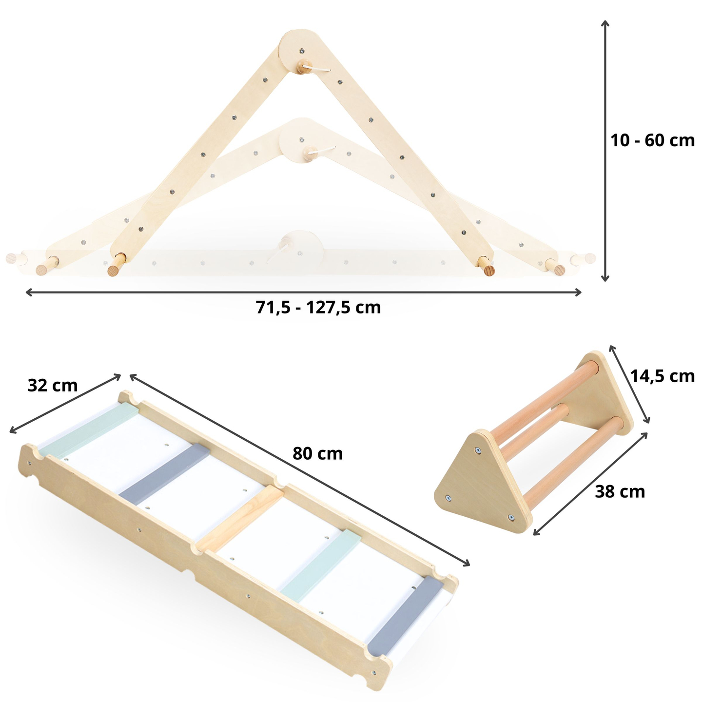 Ξύλινη, σπιτική παιδική χαρά - σκάλα + τοίχος αναρρίχησης + δοκός ισορροπίας - τρίγωνο του Pikler