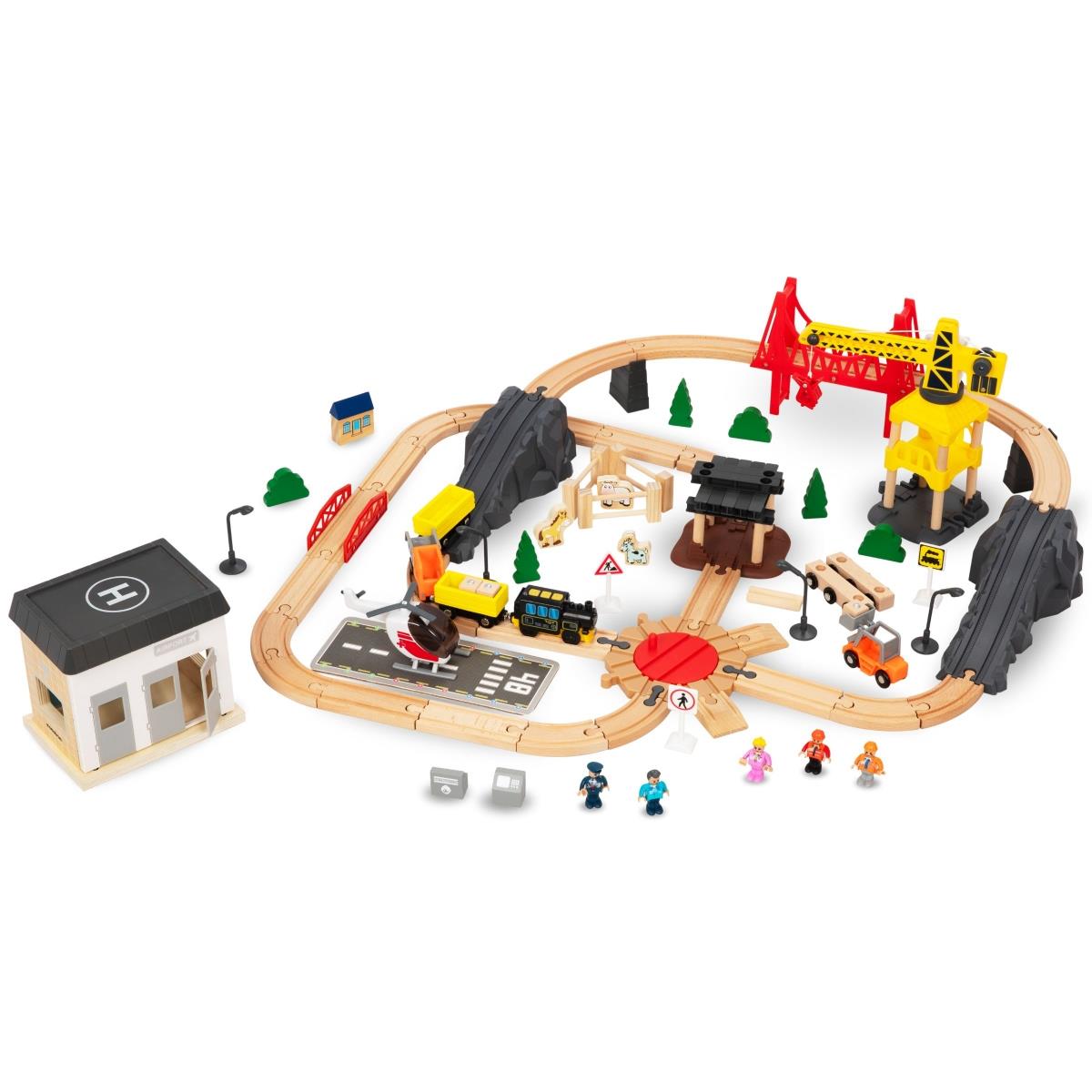 Ξύλινος σιδηρόδρομος, τρένο με μπαταρία - Πόλη: γραμμές, αυτοκίνητα, γέφυρα, αεροδρόμιο