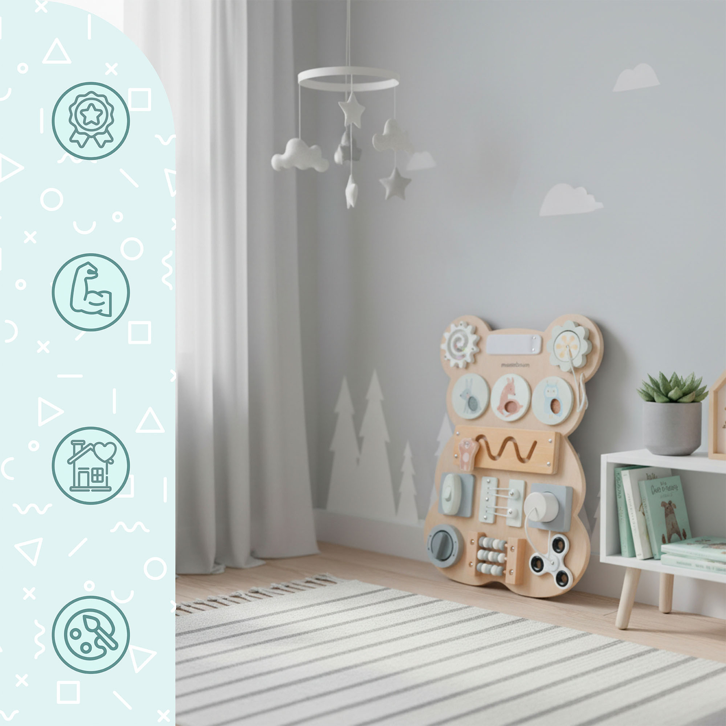 Ξύλινη σανίδα χειρισμού Montessori με αρκουδάκι - αισθητηριακή μάθηση ανεξαρτησίας: Velcro, βύσμα, λαβύρινθος, κουμπί κλικ