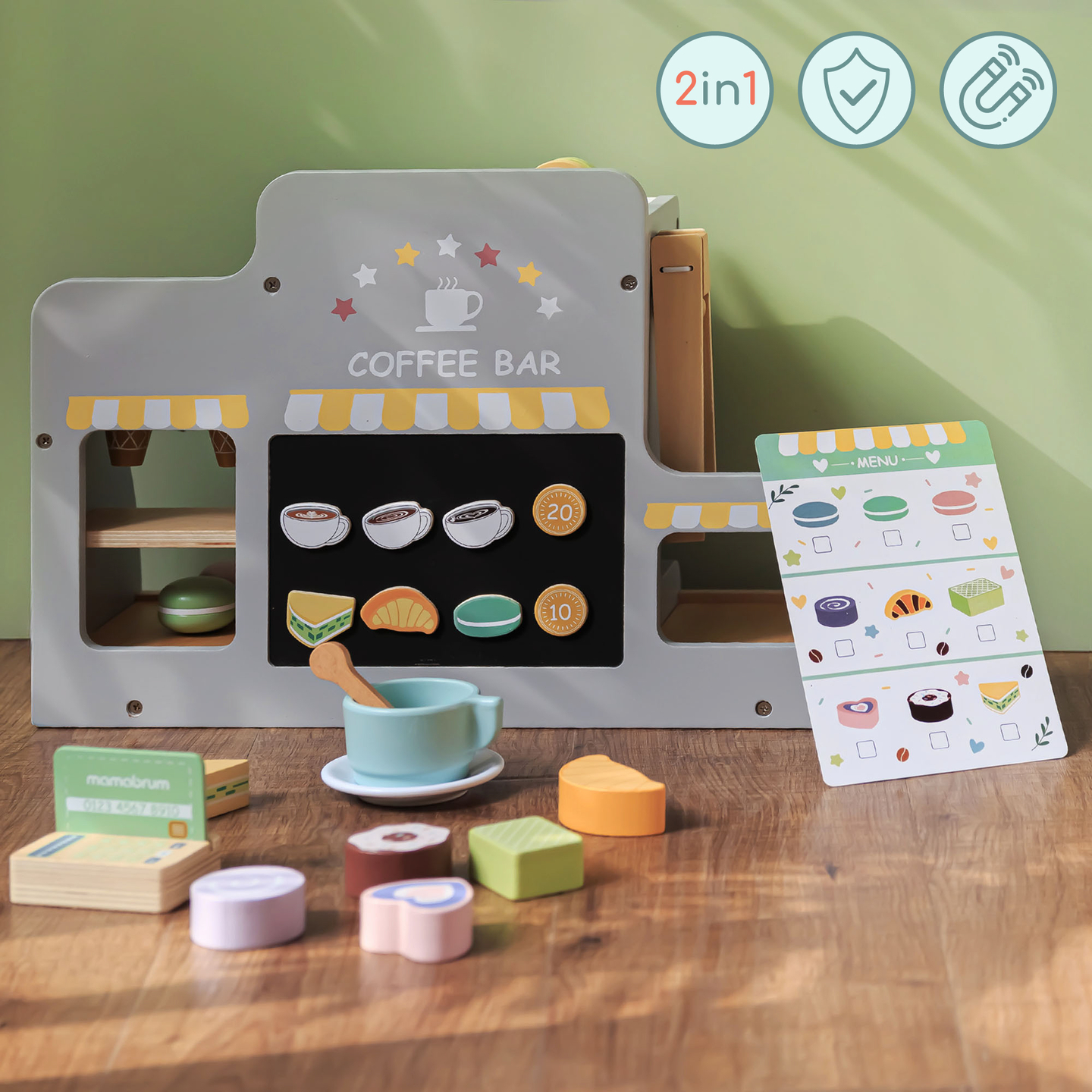 Ένα μεγάλο ξύλινο παγωτατζίδικο με μαγνητικό πίνακα, καφετιέρα και σετ παγωτού και γλυκών - πάνω από 70 κομμάτια!