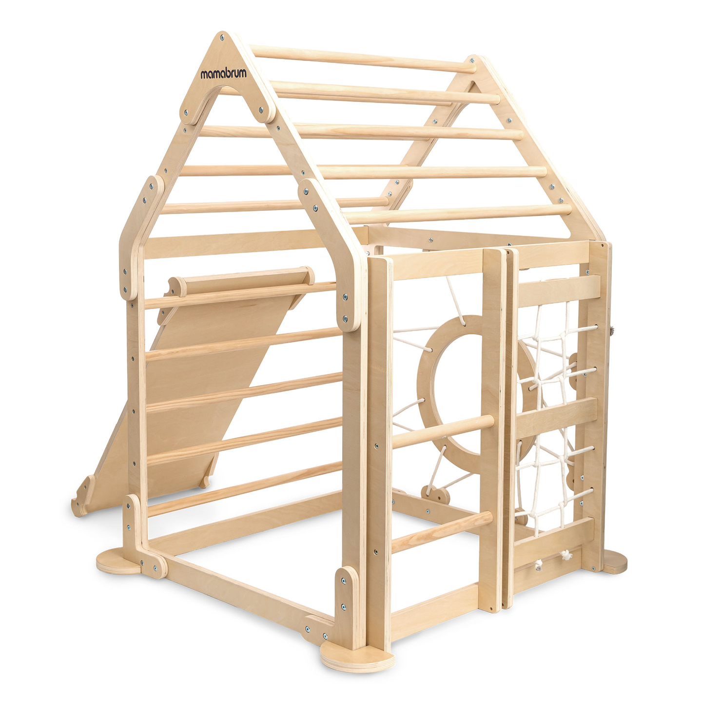 Ξύλινη εσωτερική παιδική χαρά για παιδιά - ένα σπίτι με σκάλες και μια τσουλήθρα