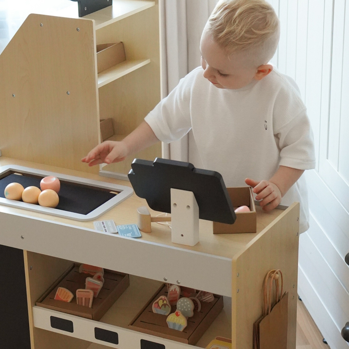 Ξύλινη αγορά λαχανικών - μεγάλος πάγκος XXL, κατάστημα με ταμειακή μηχανή παιχνιδιού