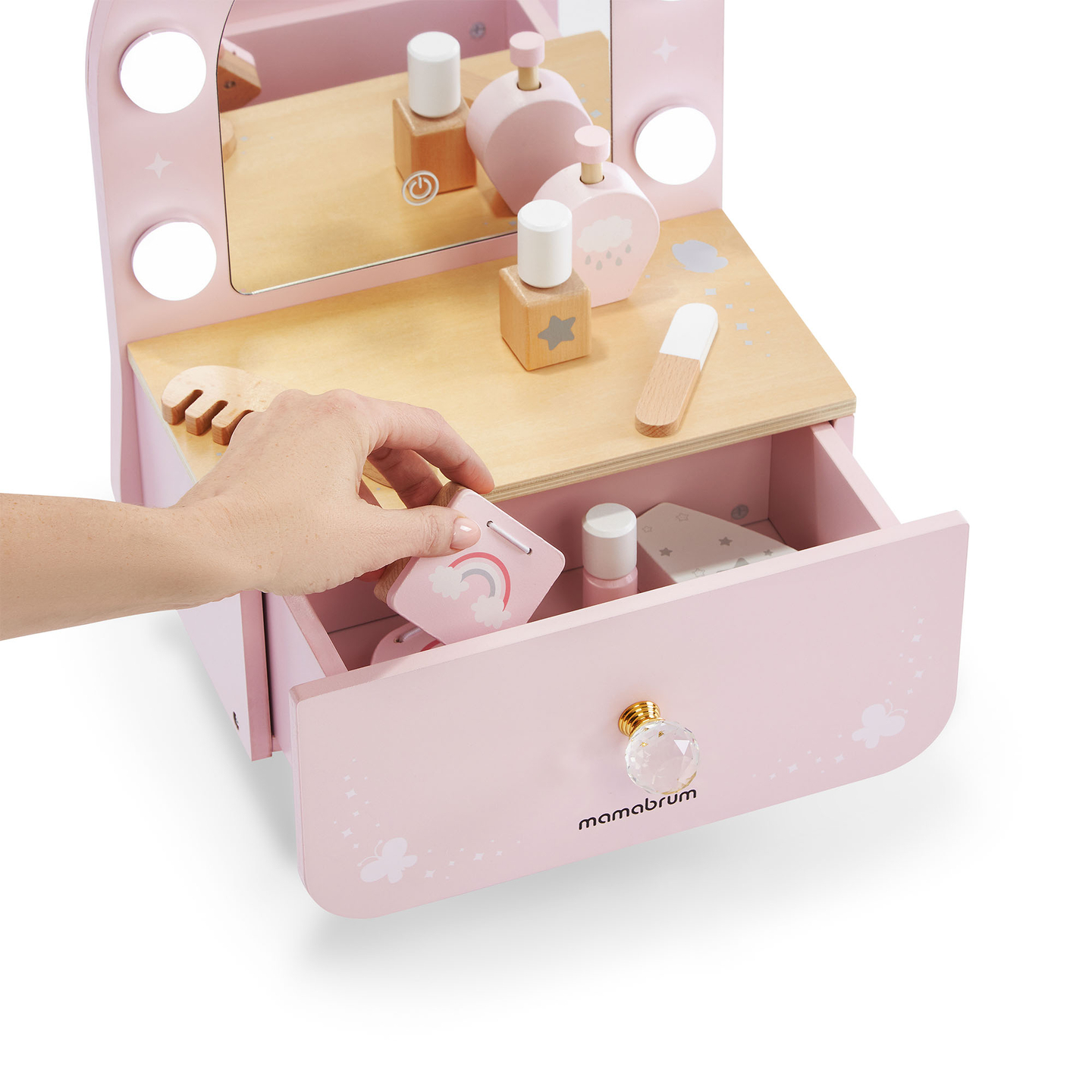 Ξύλινο μίνι μπουντουάρ για παιδιά με αξεσουάρ και φωτισμό LED με ομαλή ρύθμιση φωτεινότητας