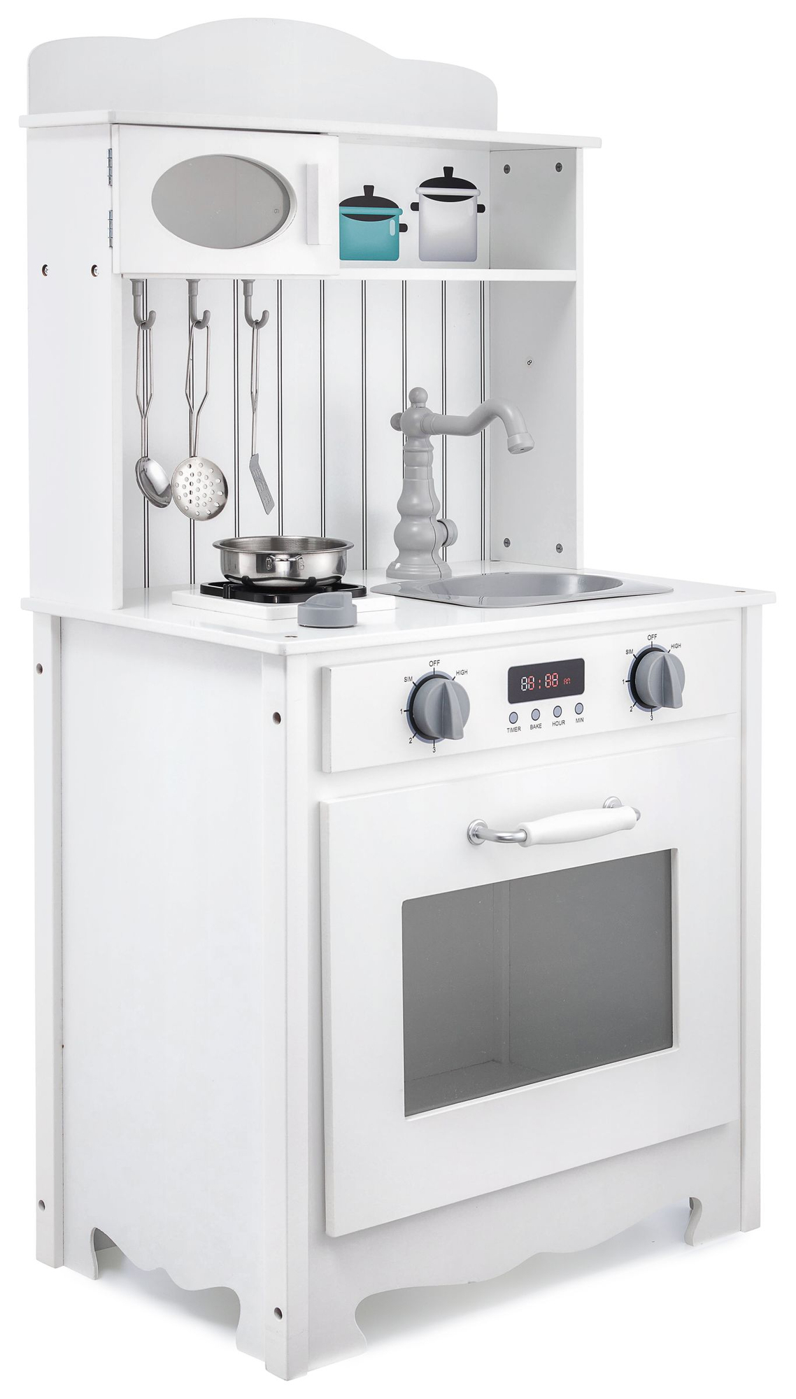 Λευκή ξύλινη κουζίνα με ποδιά, αξεσουάρ και λάμπα LED