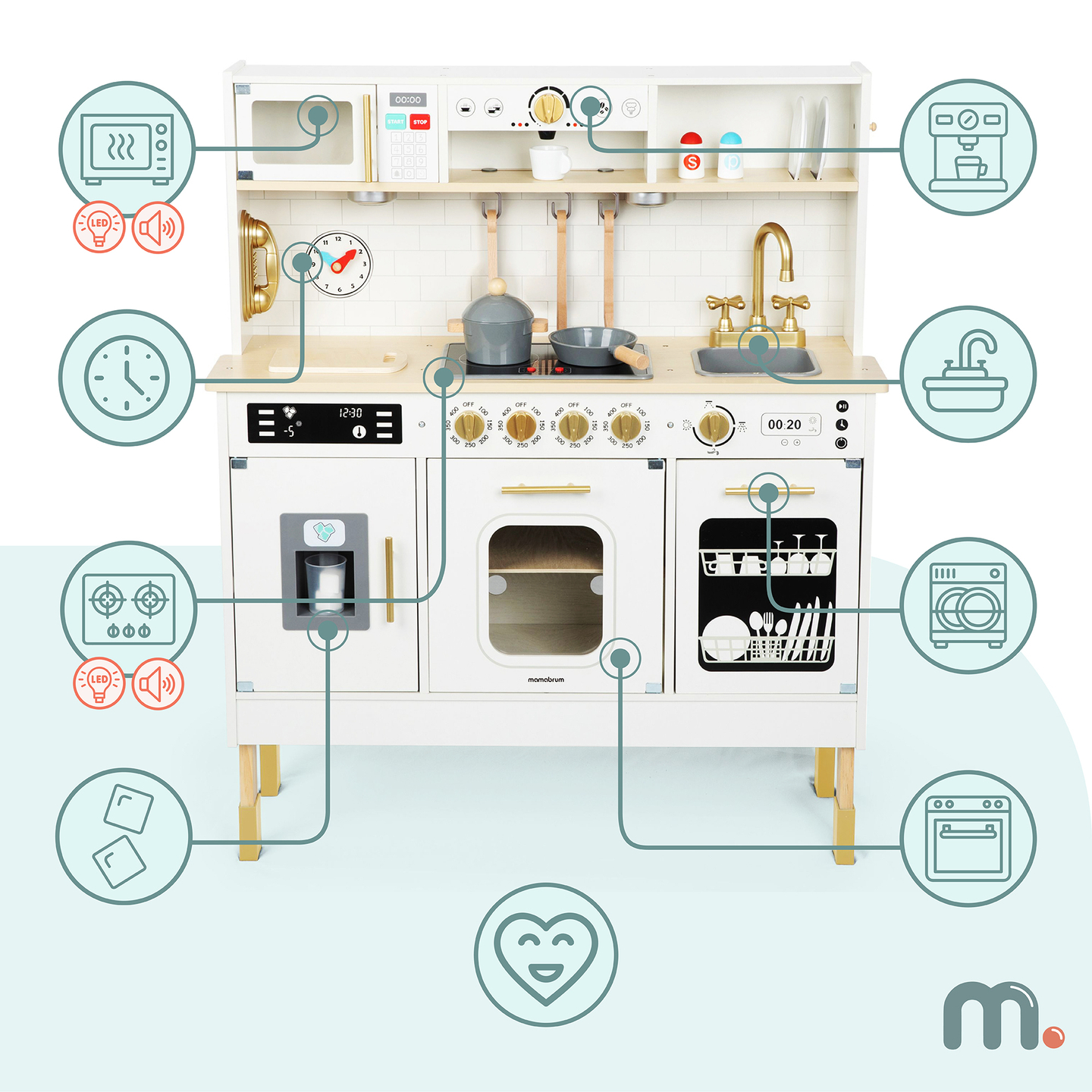 Διαδραστική ξύλινη κουζίνα XXL με αξεσουάρ και φωτισμό LED - δύο επιπέδων