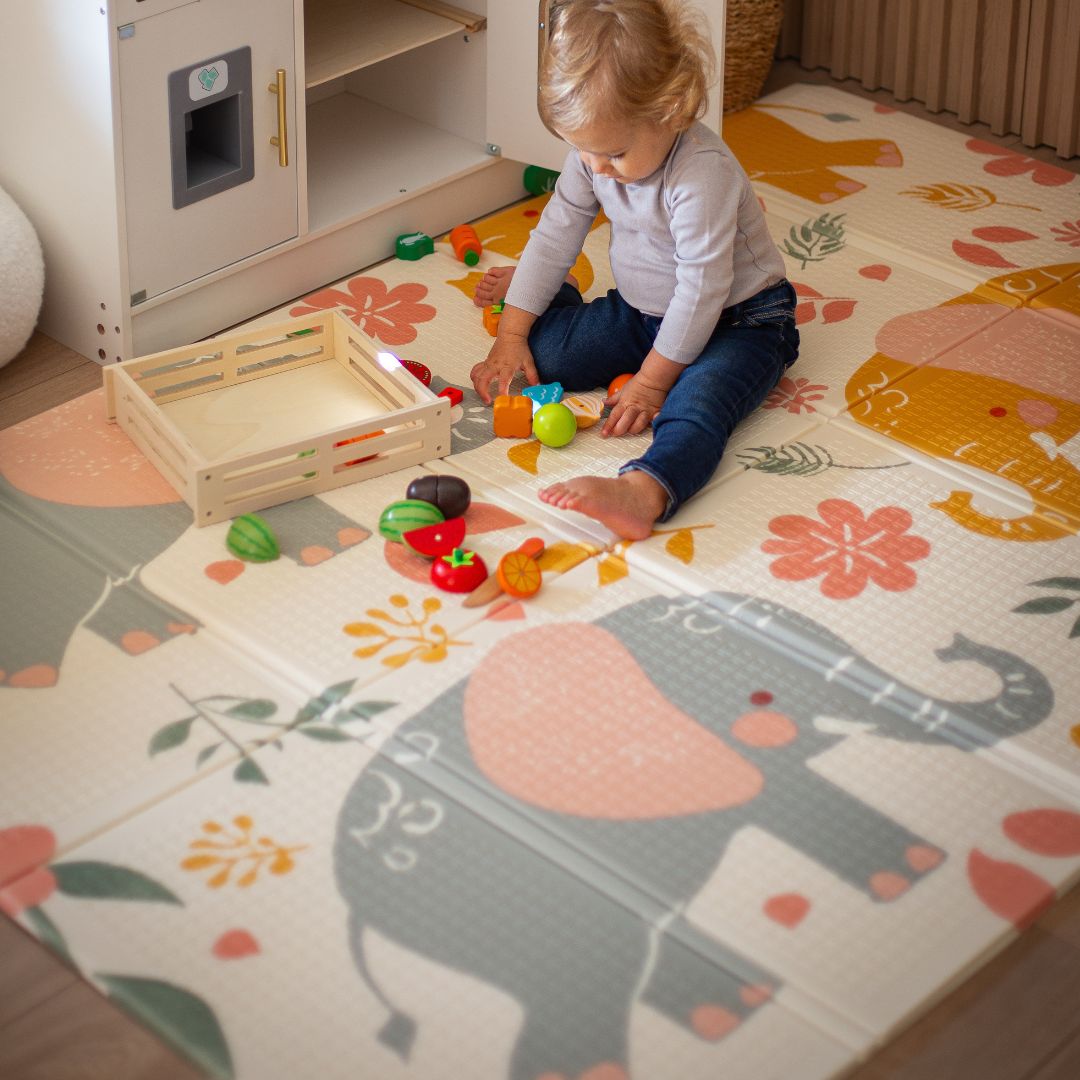 Αναδιπλούμενο στρώμα αφρού διπλής όψης 180 x 120 x 1cm - Exotic Elephants/Delicate Grey