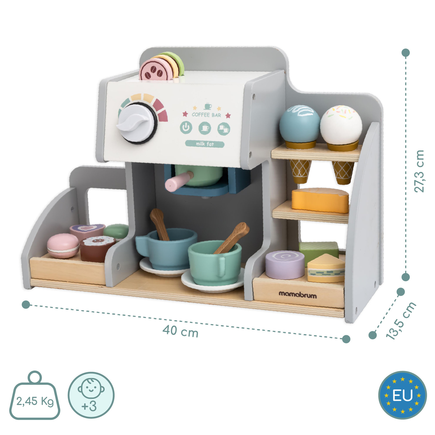 Ένα μεγάλο ξύλινο παγωτατζίδικο με μαγνητικό πίνακα, καφετιέρα και σετ παγωτού και γλυκών - πάνω από 70 κομμάτια!