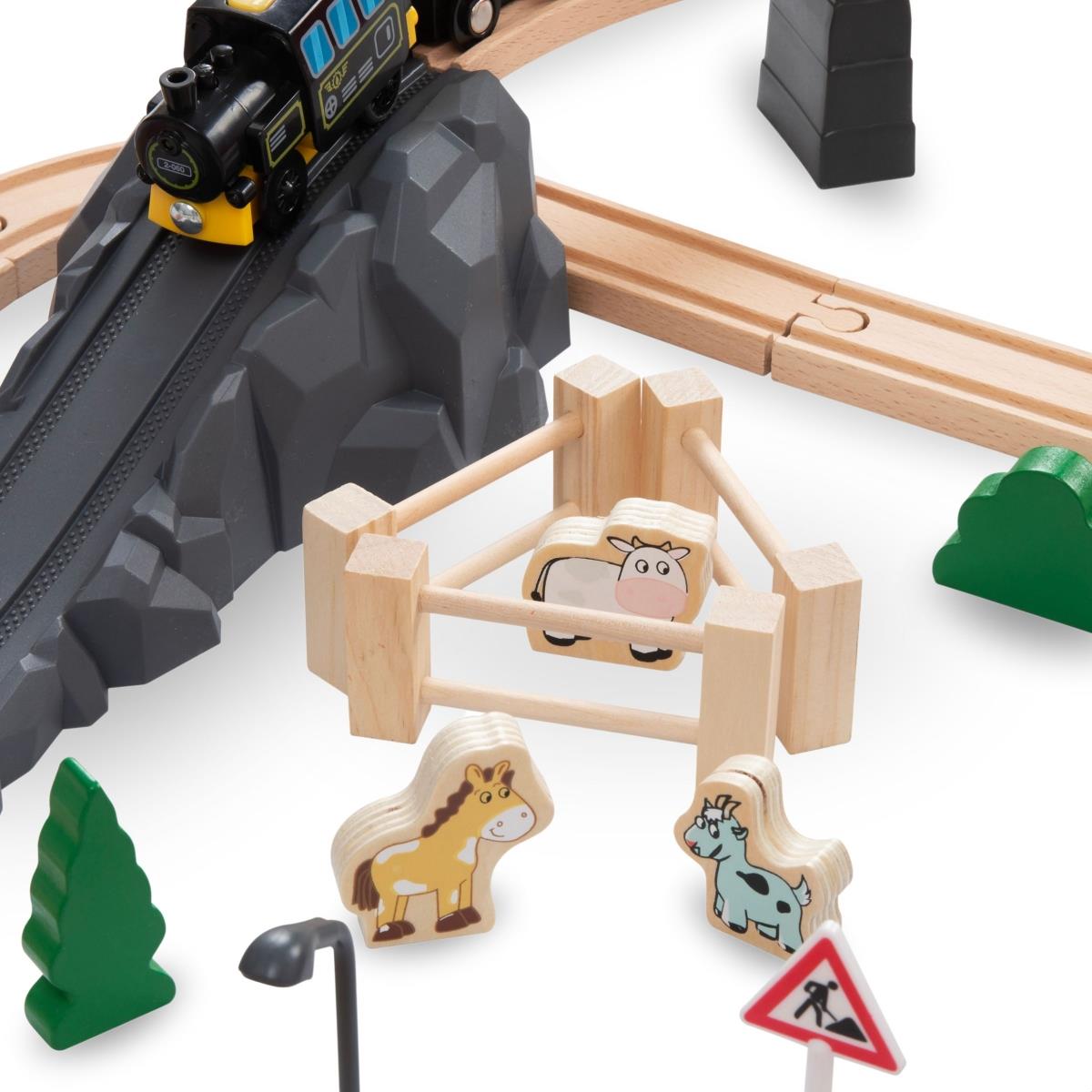 Ξύλινος σιδηρόδρομος, τρένο με μπαταρία - Πόλη: γραμμές, αυτοκίνητα, γέφυρα, αεροδρόμιο