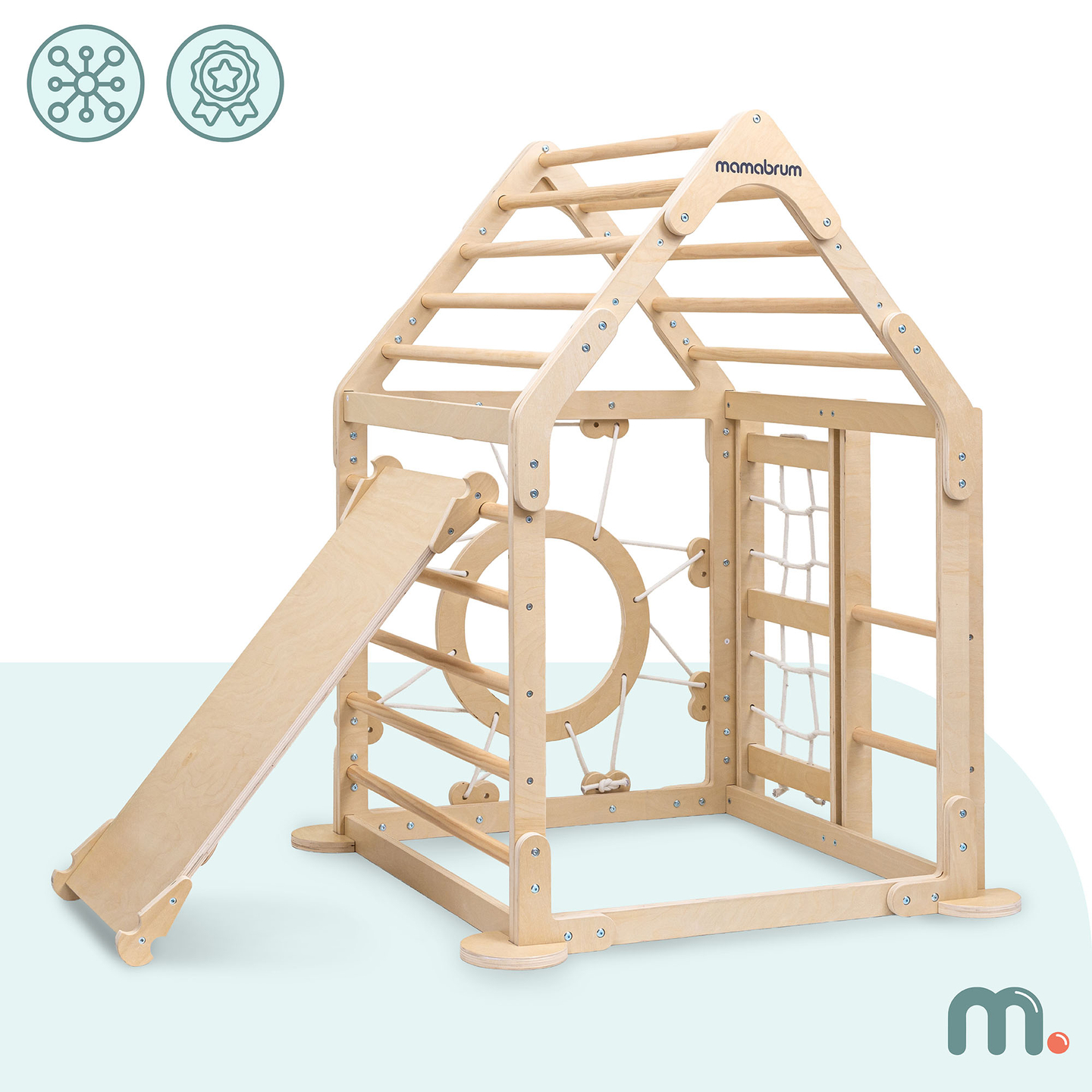 Ξύλινη εσωτερική παιδική χαρά για παιδιά - ένα σπίτι με σκάλες και μια τσουλήθρα