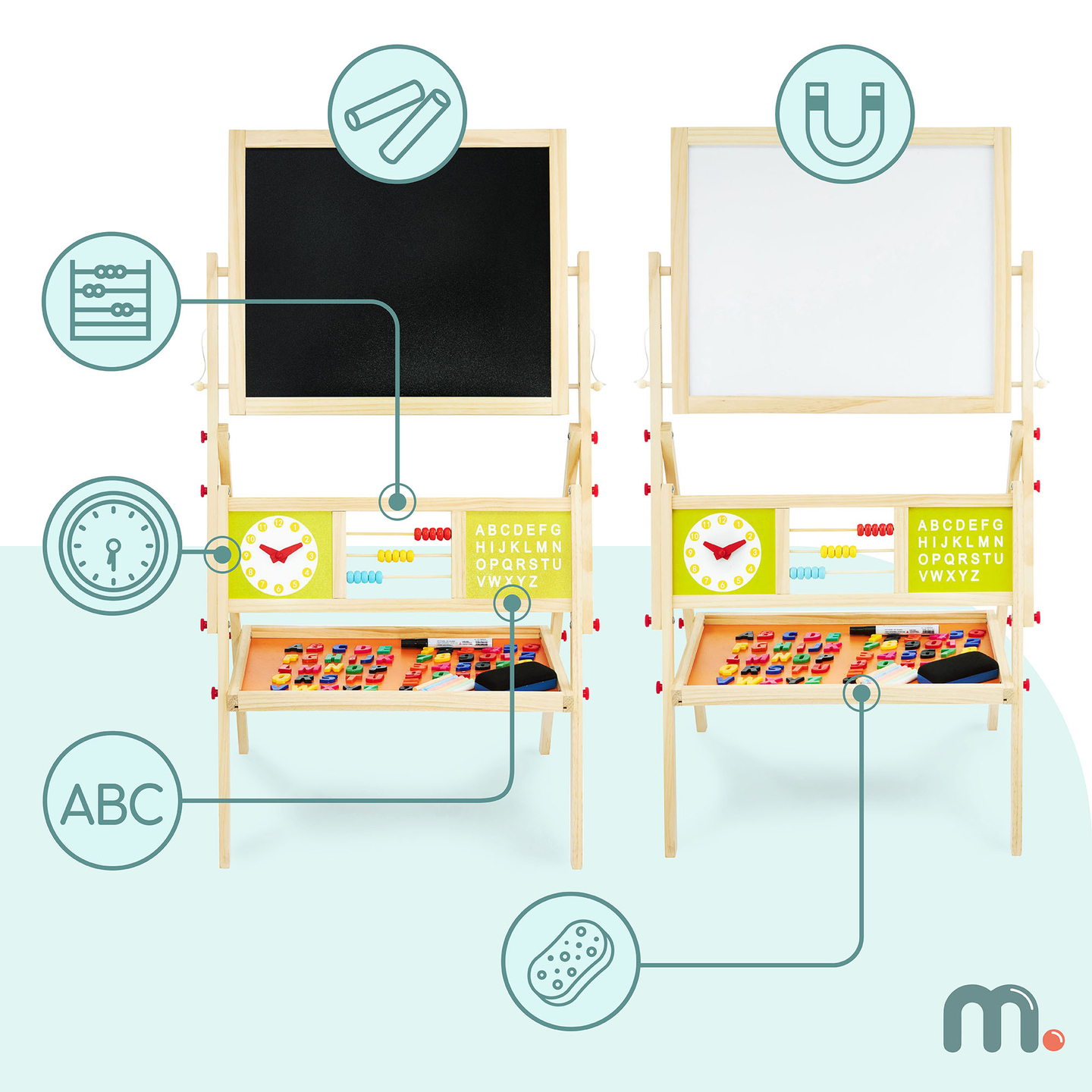Μεγάλος εκπαιδευτικός πίνακας δύο όψεων: μαγνητικός και μαυροπίνακας - πίνακας ξηρής διαγραφής, ξύλινος