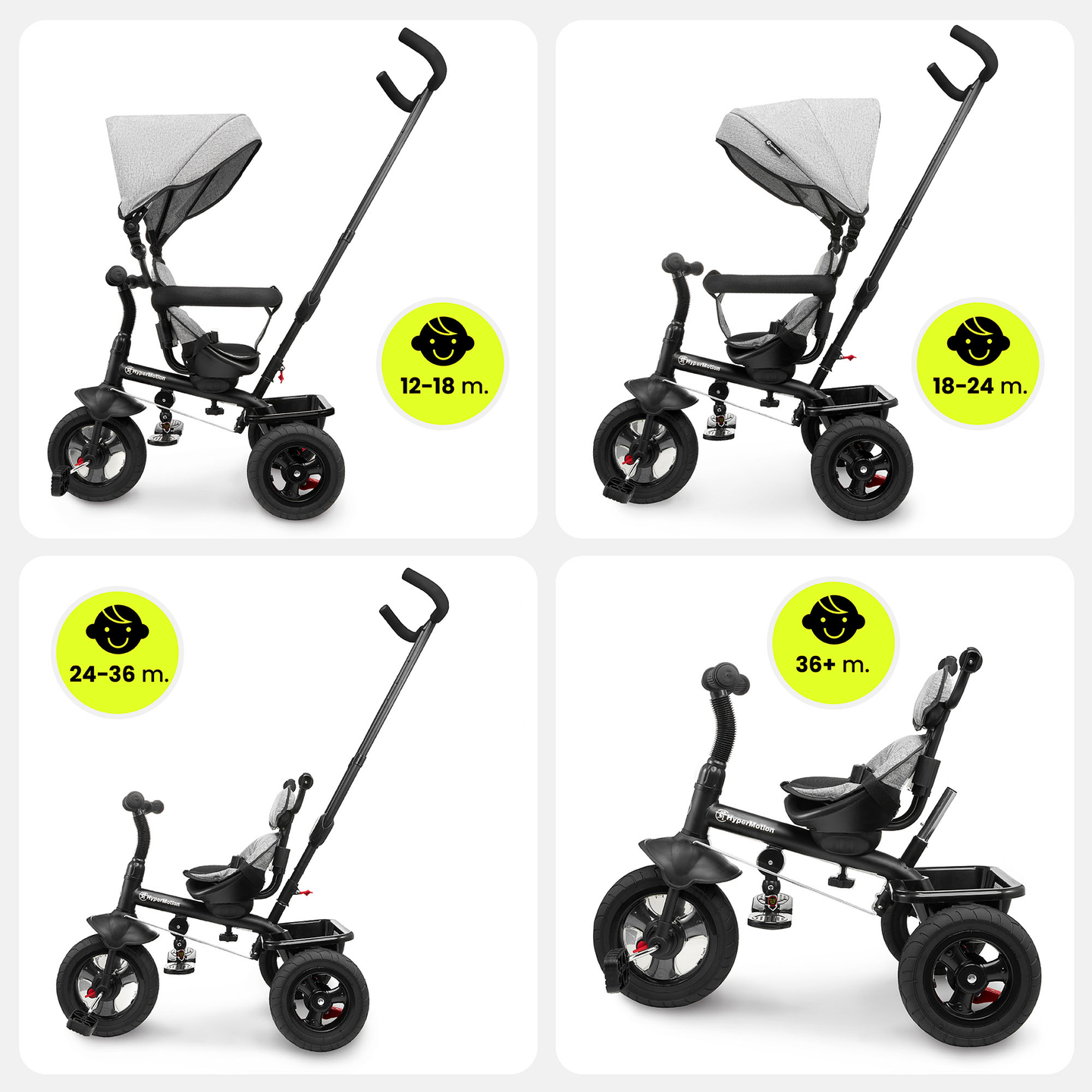 Τρίκυκλο για παιδιά 1-4 ετών - TOBI FREY - γκρι χρώμα - περιστρεφόμενο - τροχοί με αντλία + ωθητήρας