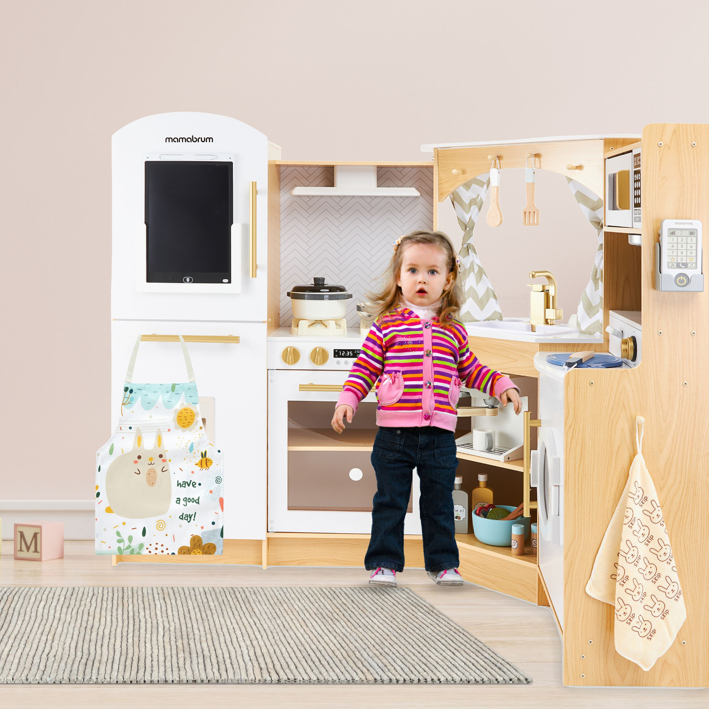 XXXXL μεγάλη ξύλινη διαδραστική κουζίνα με φωτισμό LED, πλυντήριο ρούχων, φούρνο μικροκυμάτων - 50 στοιχεία