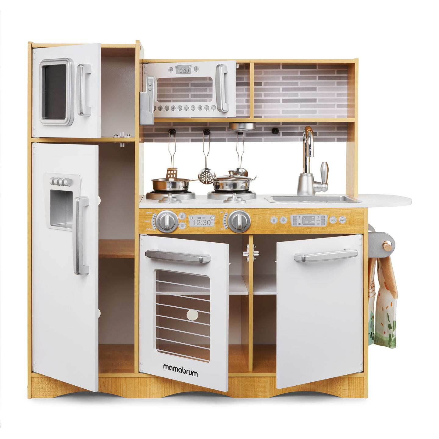 Ξύλινη κουζίνα XXL με φωτισμό LED, ποδιά και αξεσουάρ