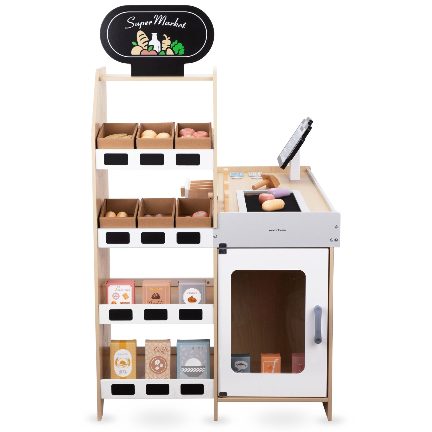 Ξύλινη αγορά λαχανικών - μεγάλος πάγκος XXL, κατάστημα με ταμειακή μηχανή παιχνιδιού