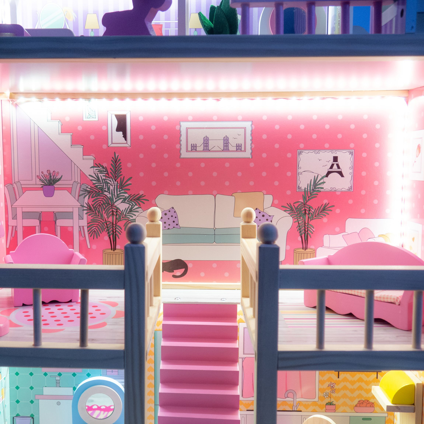 Μεγάλο ξύλινο 3όροφο κουκλόσπιτο με βεράντα, σετ επίπλων και φωτισμό LED!