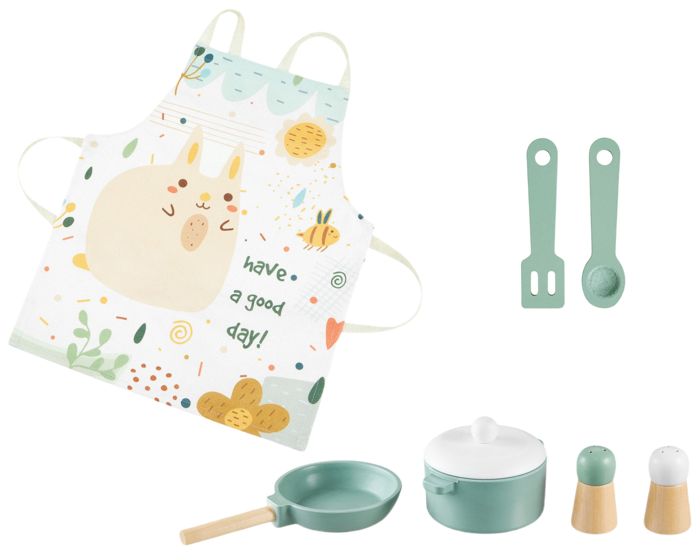 Ξύλινη κουζίνα με ποδιά, αξεσουάρ και φωτισμό LED