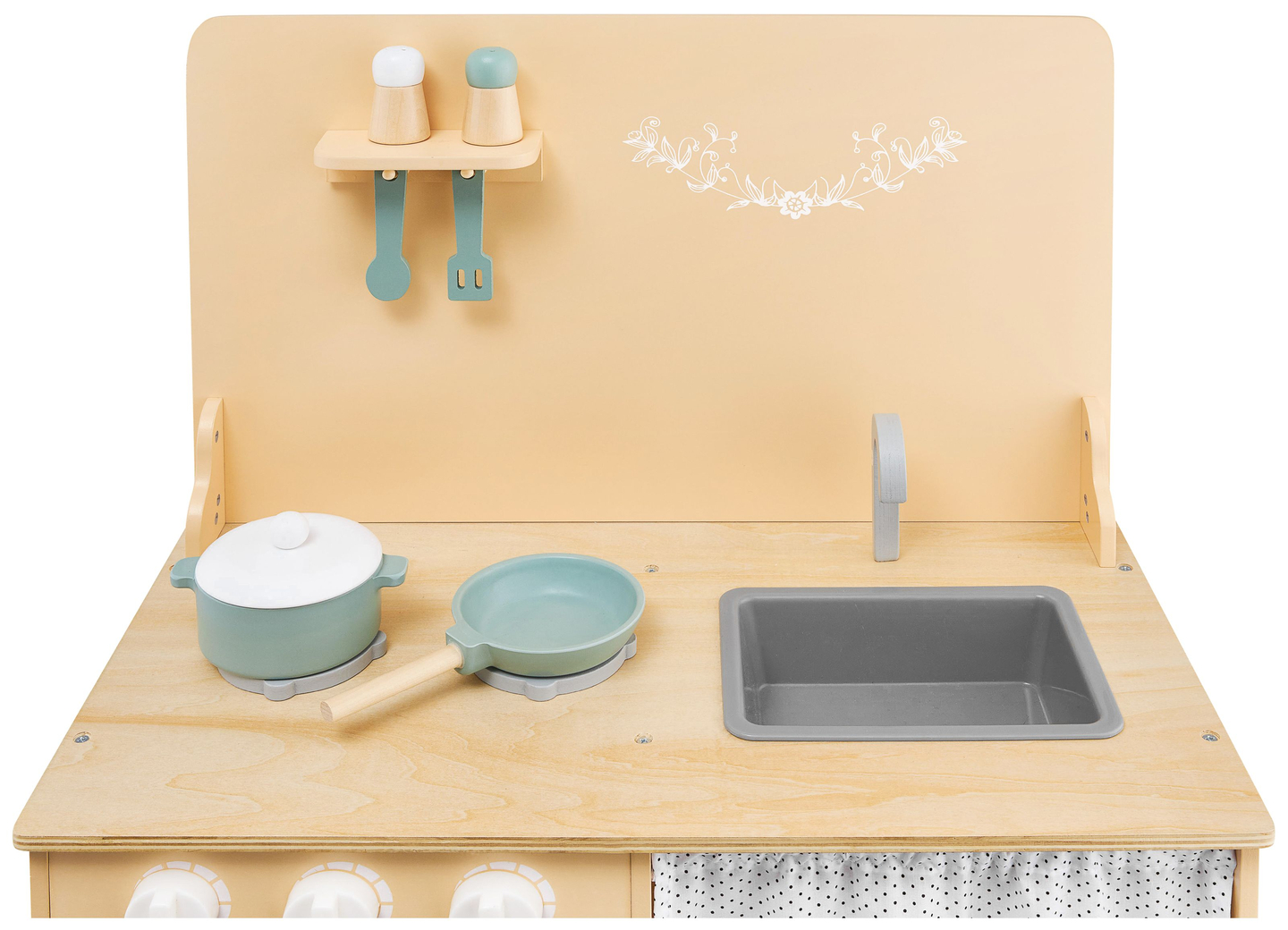 Ξύλινη κουζίνα με ποδιά, αξεσουάρ και φωτισμό LED