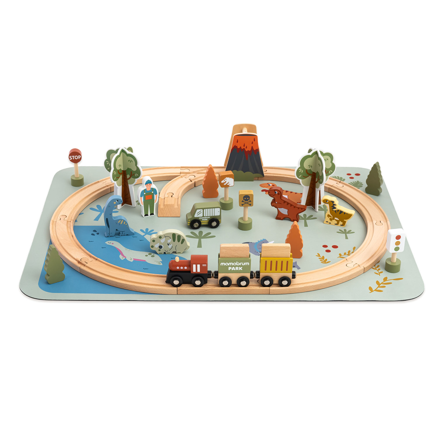 Ξύλινο τρενάκι Dino Park με αντιολισθητικό χαλάκι - δεινόσαυροι, τρένο, γραμμές, ηφαίστειο, κουδούνι