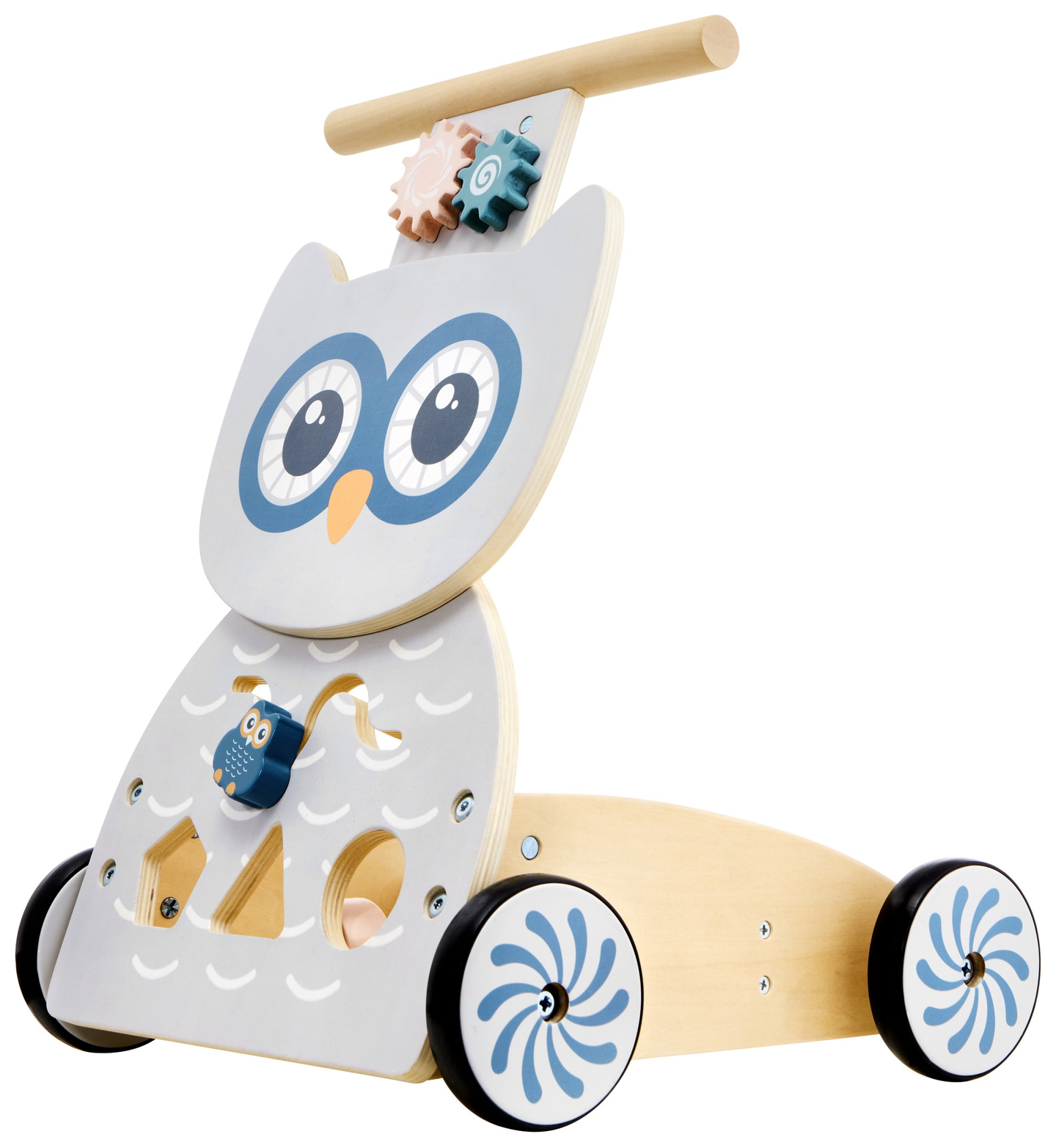 Ξύλινο πολυλειτουργικό καροτσάκι - καροτσάκι με μπλοκ - Κουκουβάγια